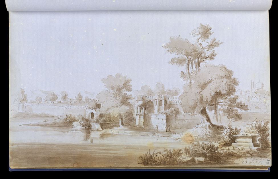 Wash drawing of a tomb at Rauza