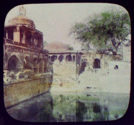 Delhi - Palace of the Moguls - pool built and blessed by the Saint Niguam-Di; 3 diving boys atop dome at left digital file from intermediary roll film