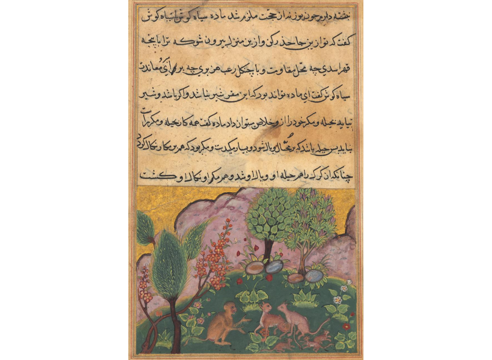 The monkey, serving as the lion’s chamberlain, converses with the lynx and its mate who have arrived with their cubs to settle in the lion’s domain, from a Tuti-nama (Tales of a Parrot): Twenty-ninth Night