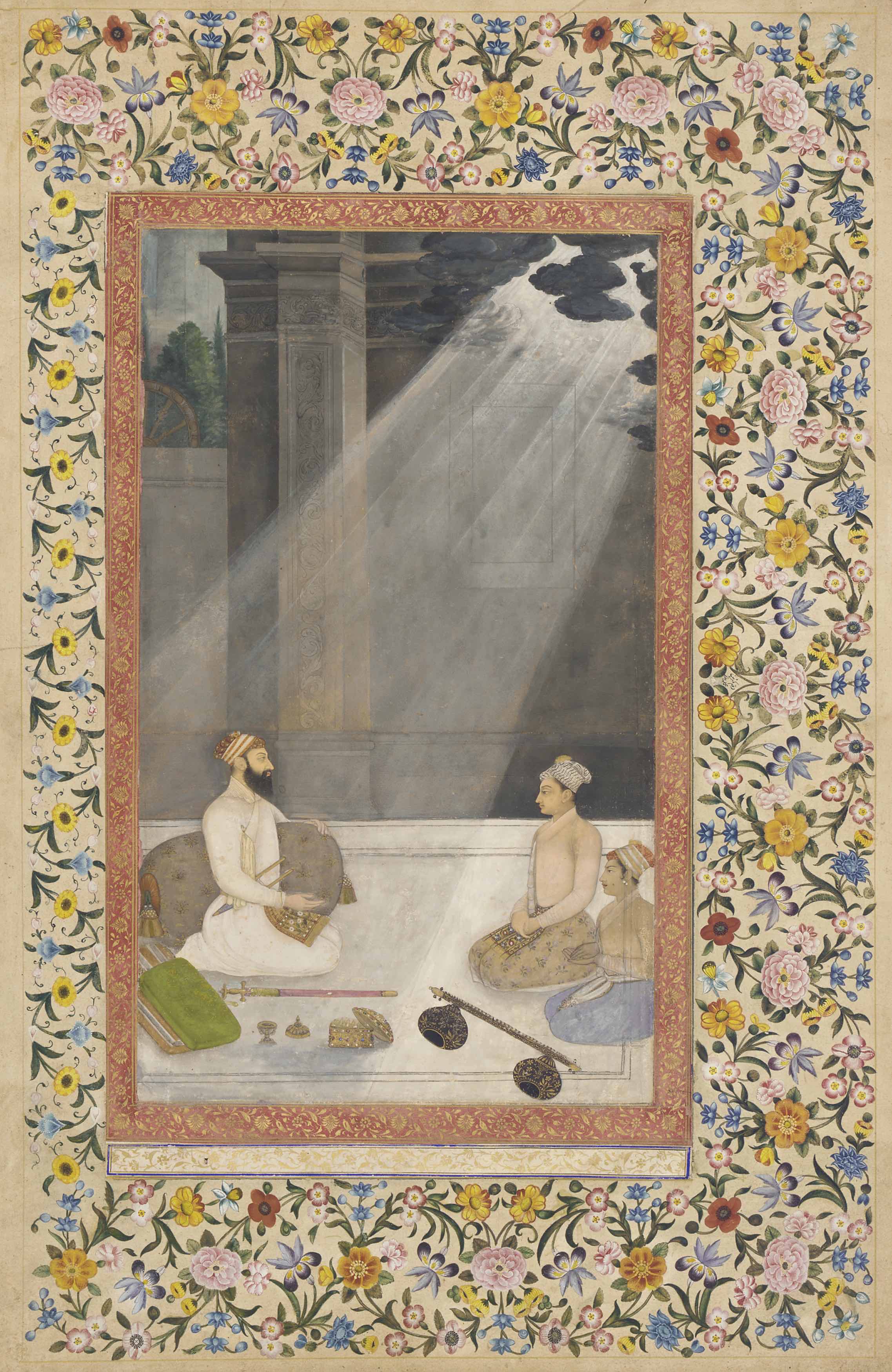 Emperor Aurangzeb in a Shaft of Light with later floral border from The St. Petersburg Album ca. 1660