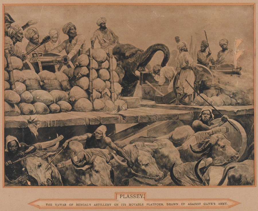 The Nawab of Bengal's artillery on its movable platform, drawn up against Clive's army, 23 June 1757
