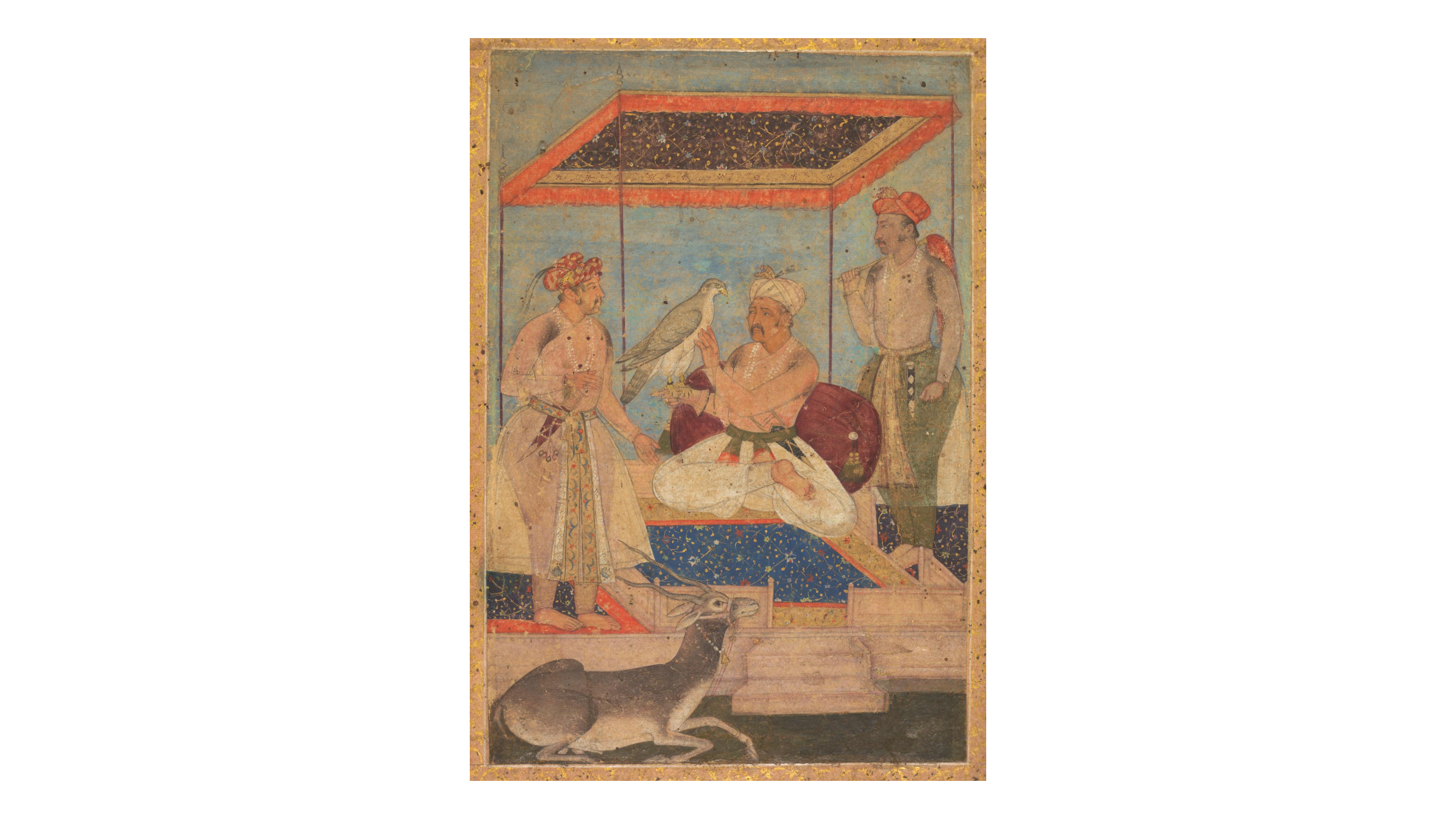 Akbar and Jahangir Examine a Ghir Falcon while Prince Khusrau Stands Behind