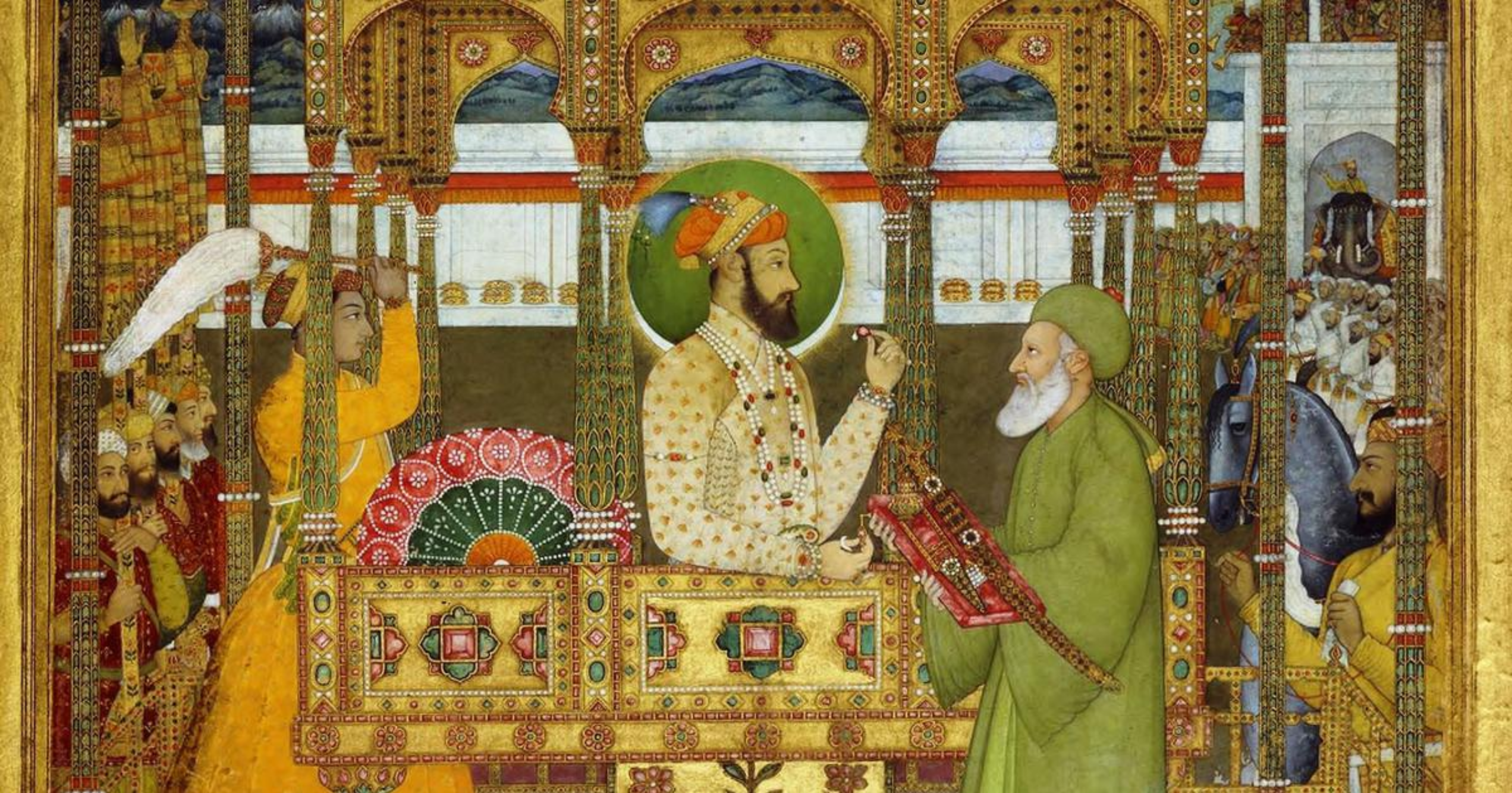 Sultan Azhar ud-din Muhammad 'Azim Mirza, 'Azim us-Shan Bahadur, Receiving the Investiture from Khwaja Khizr. ca. 1712 -19.