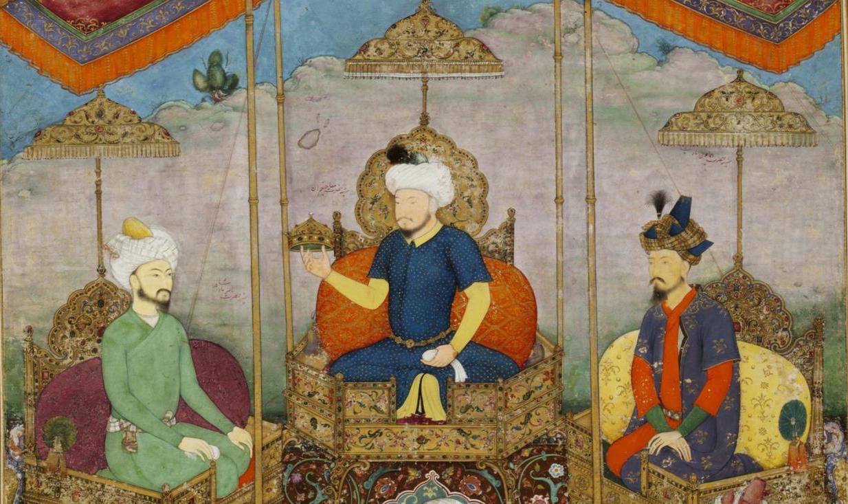 Allegorical painting of the Central Asian ruler Timur, with the Mughal emperors Babur and Humayan