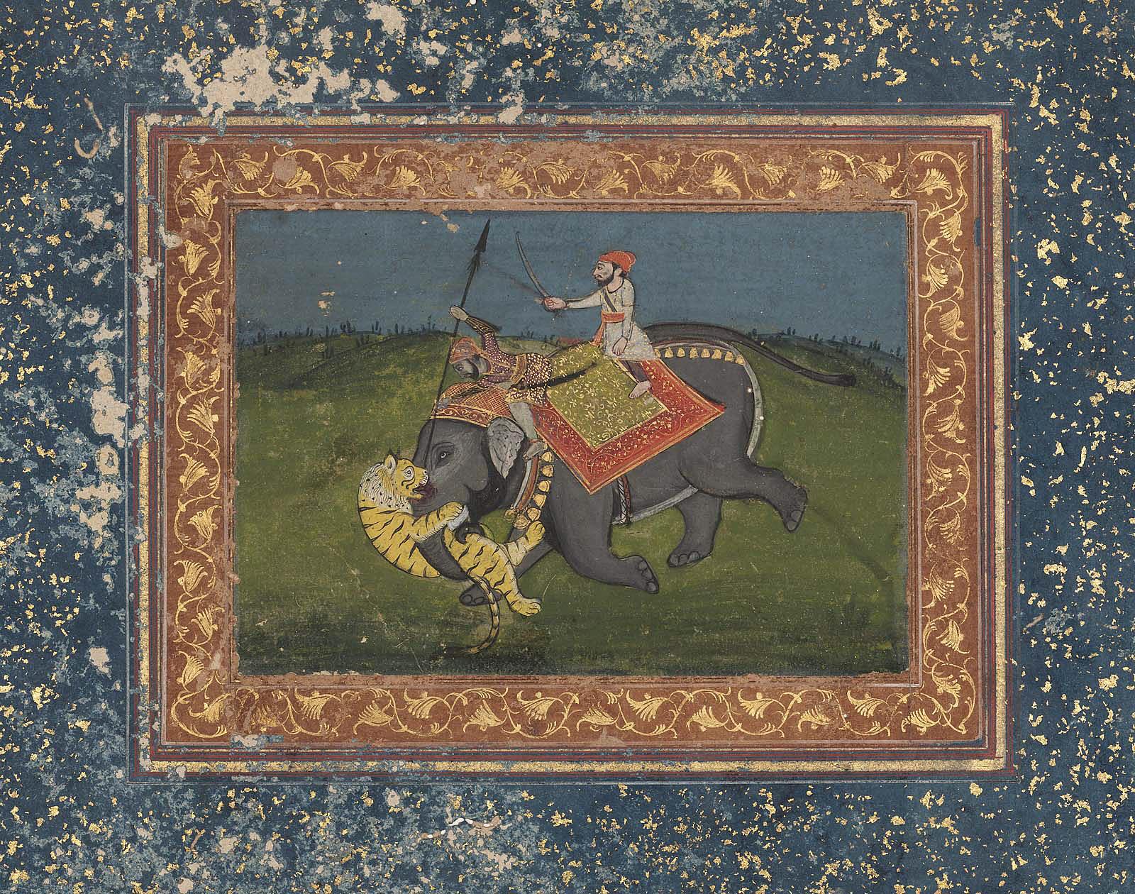 Two Men on an Elephant Attacked by a Tiger