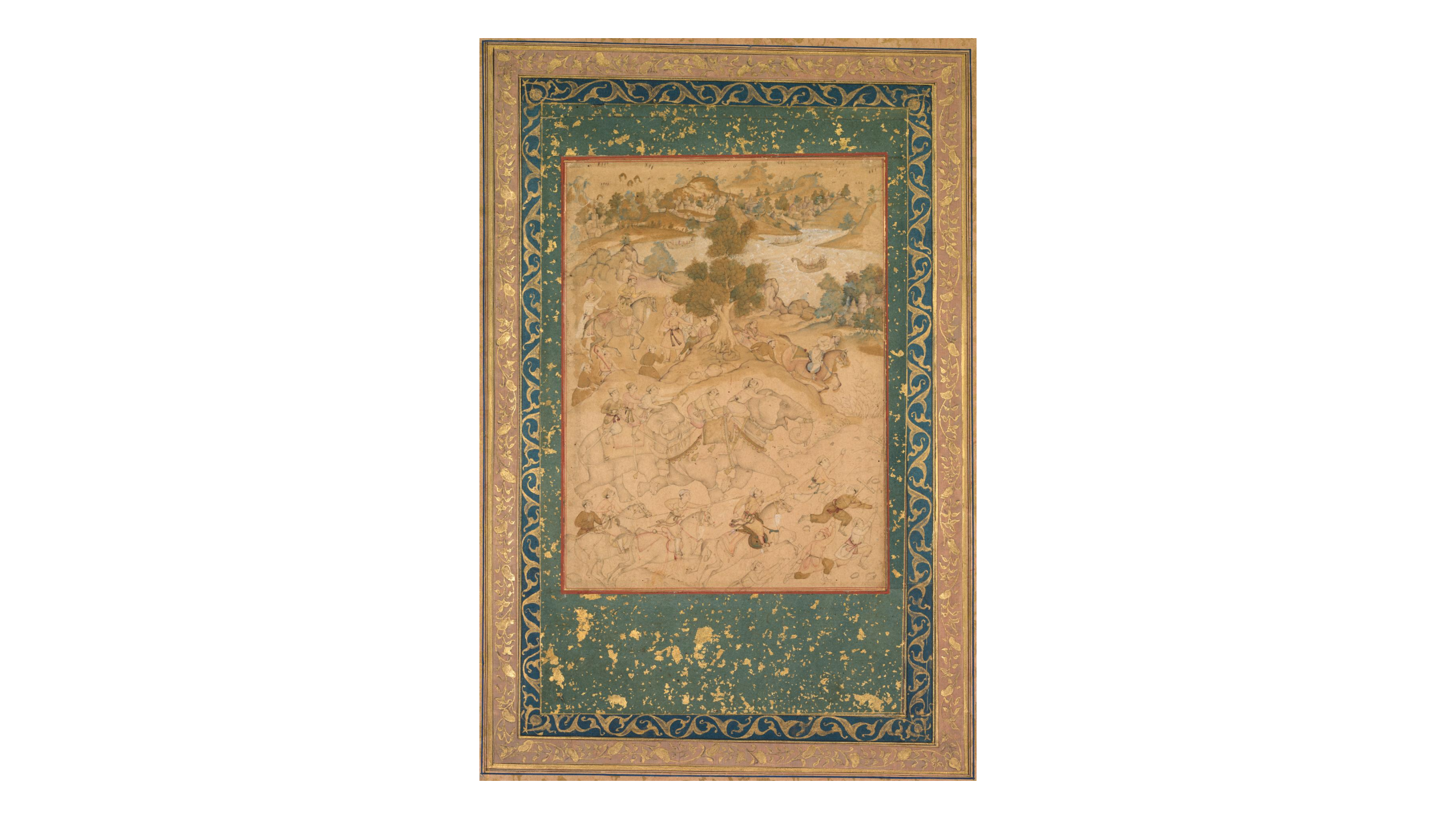 Akbar supervising the capture of wild elephants at Malwa in 1564, painting 90 from an Akbar-nama (Book of Akbar) of Abu’l Fazl (Indian 1551–1602)