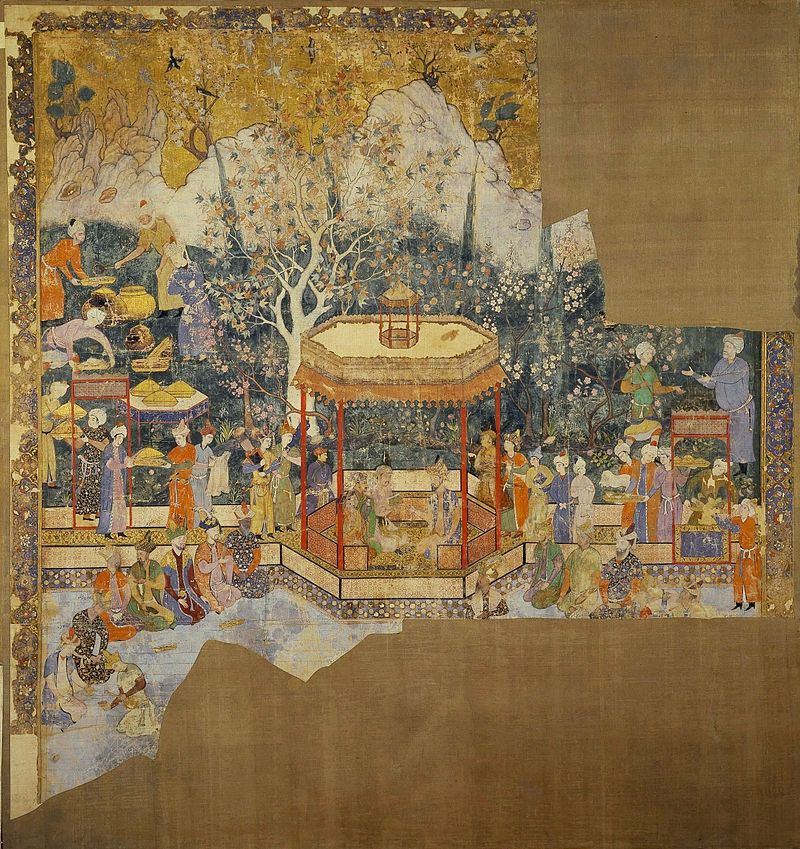 Humayun's garden party, a painting in gouache and gold on cotton