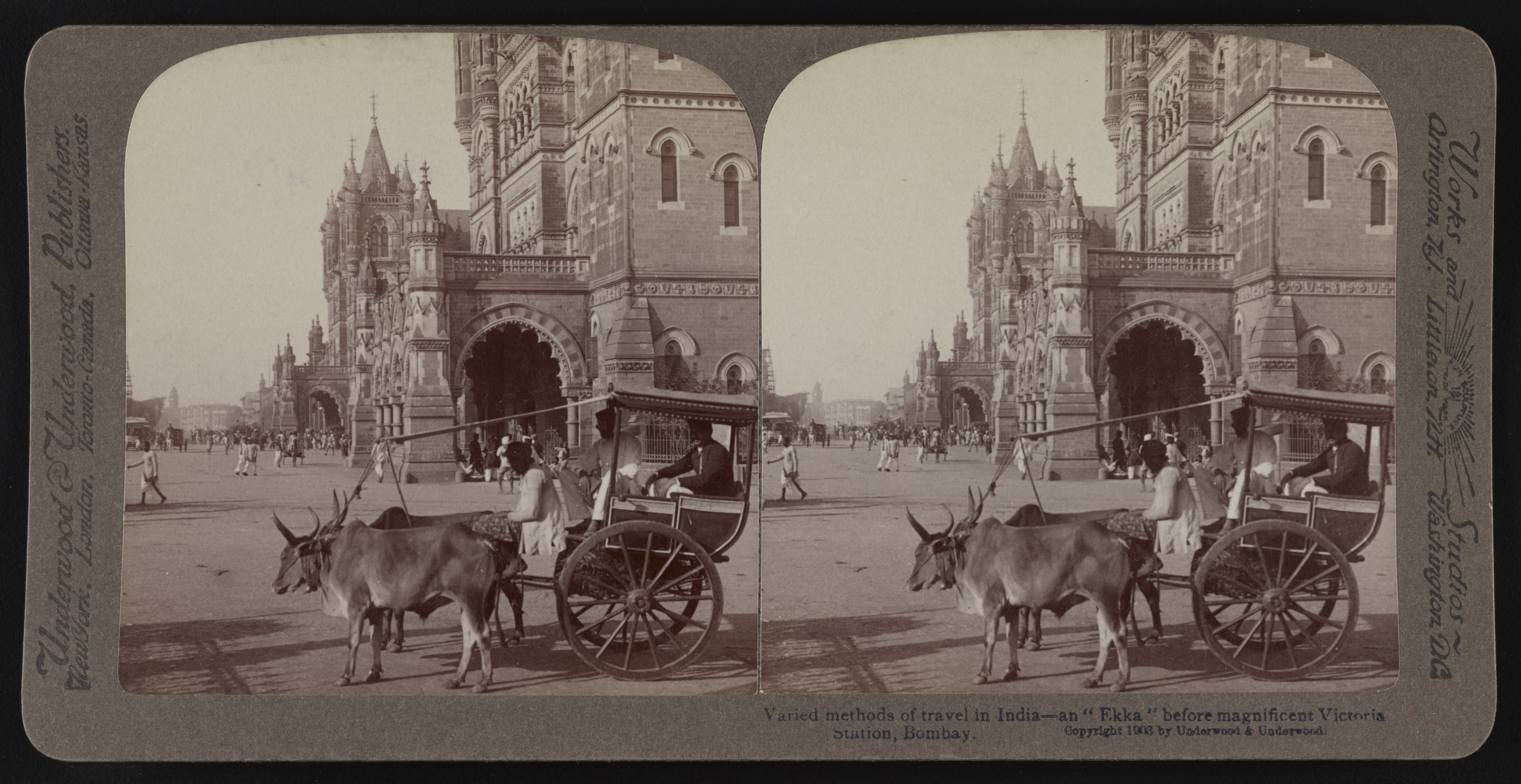 Varied methods of travel in India - an "Ekka" before magnificent Victoria Station, Bombay