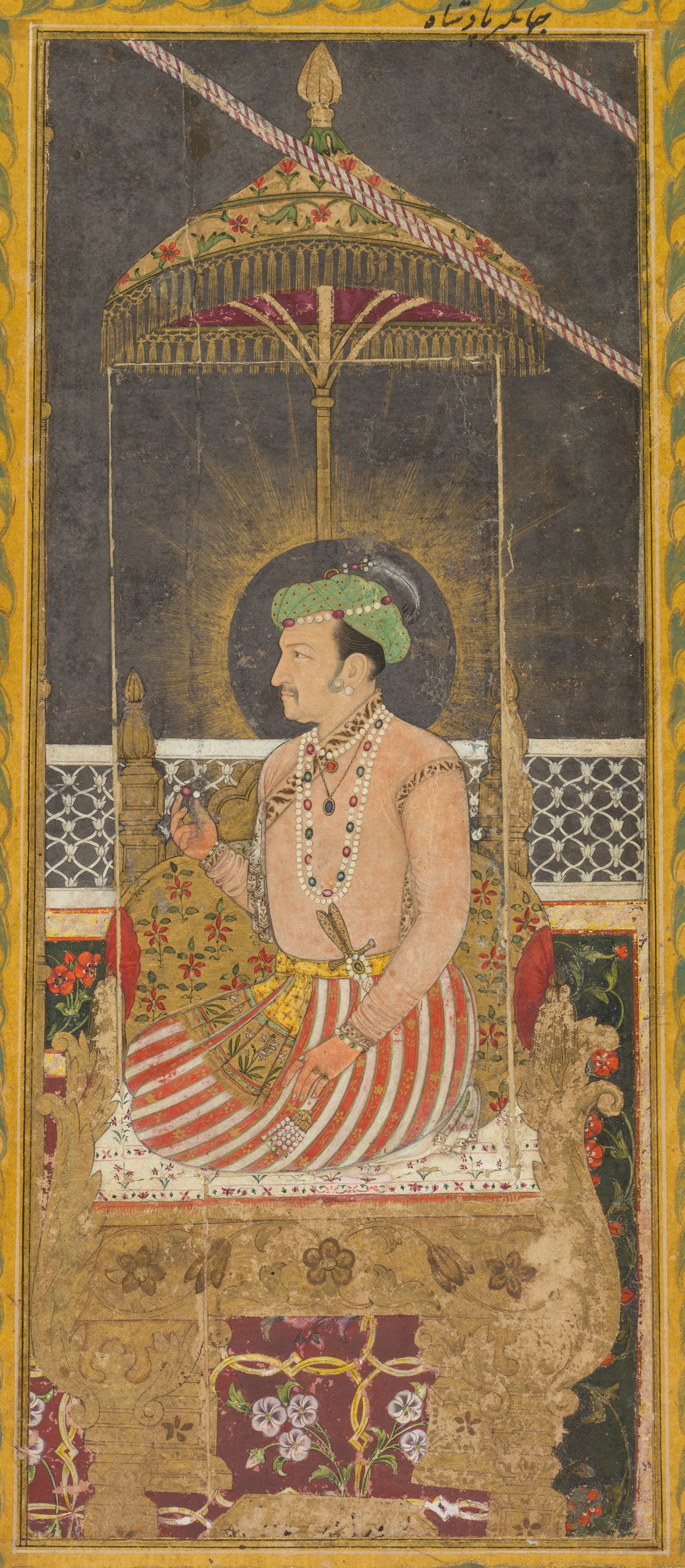 Posthumous portrait of Emperor Jahangir under a canopy
