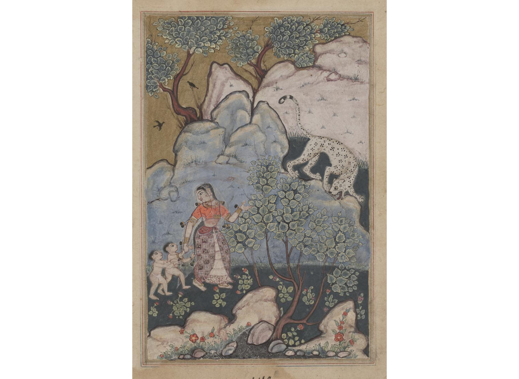 A woman with two children, having abandoned her home, goes into the forest where she encounters a leopard, from a Tuti-nama (Tales of a Parrot): Thirtieth Night