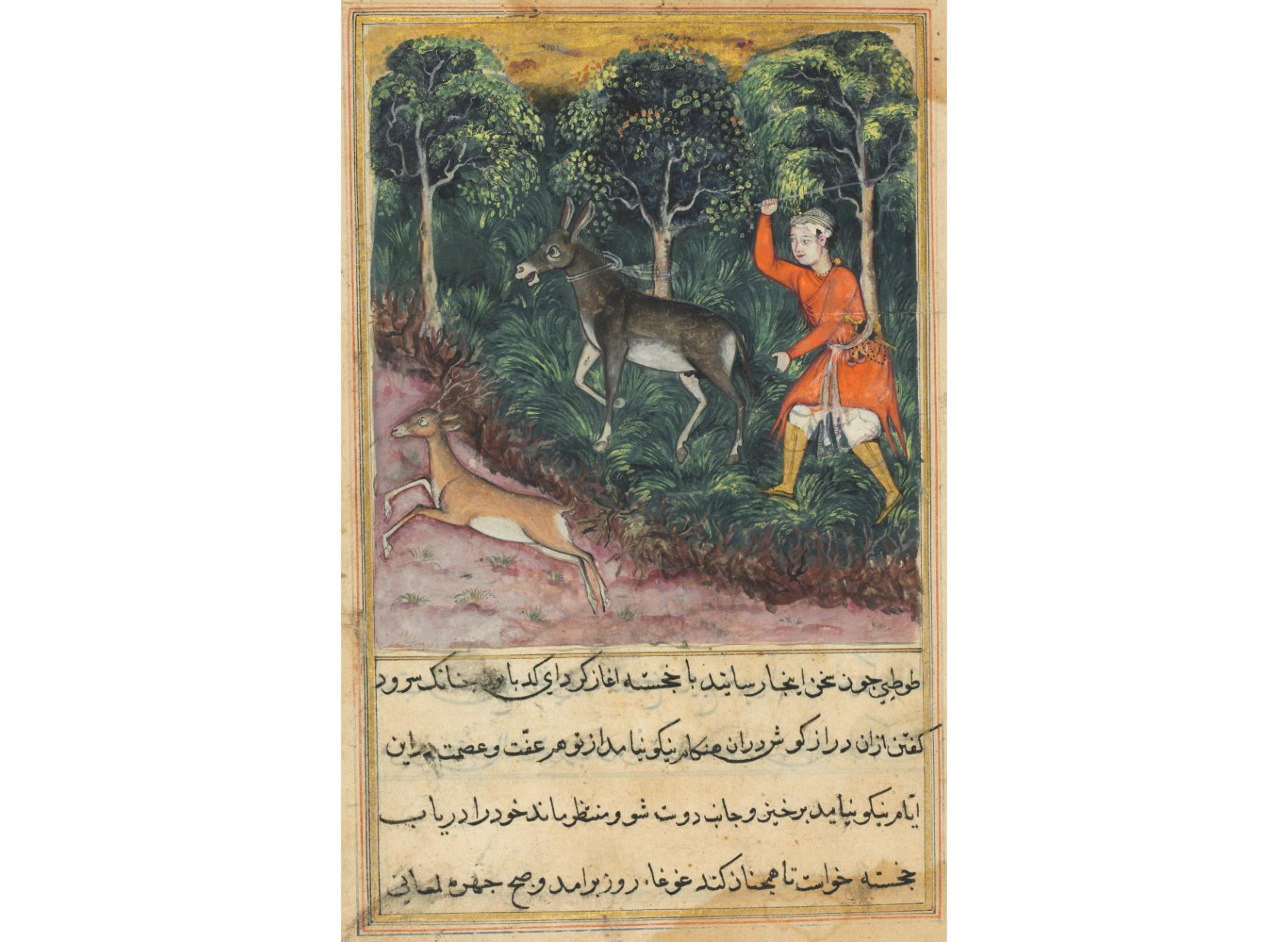 The gardener seizes and beats a donkey who insisted on braying, while the deer, its companion flees to safety, from a Tuti-nama (Tales of a Parrot): Forty-first Night