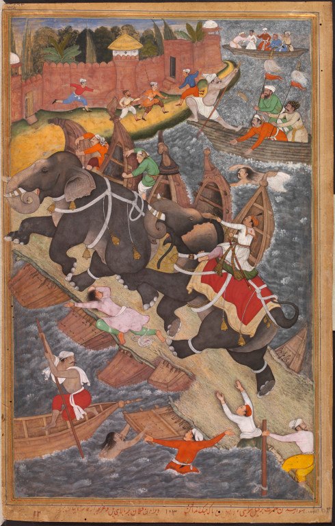 Akbar clings to the elephant Hawa'i as it chases another elephant across a bridge of boats over the river Jumna outside Agra Fort