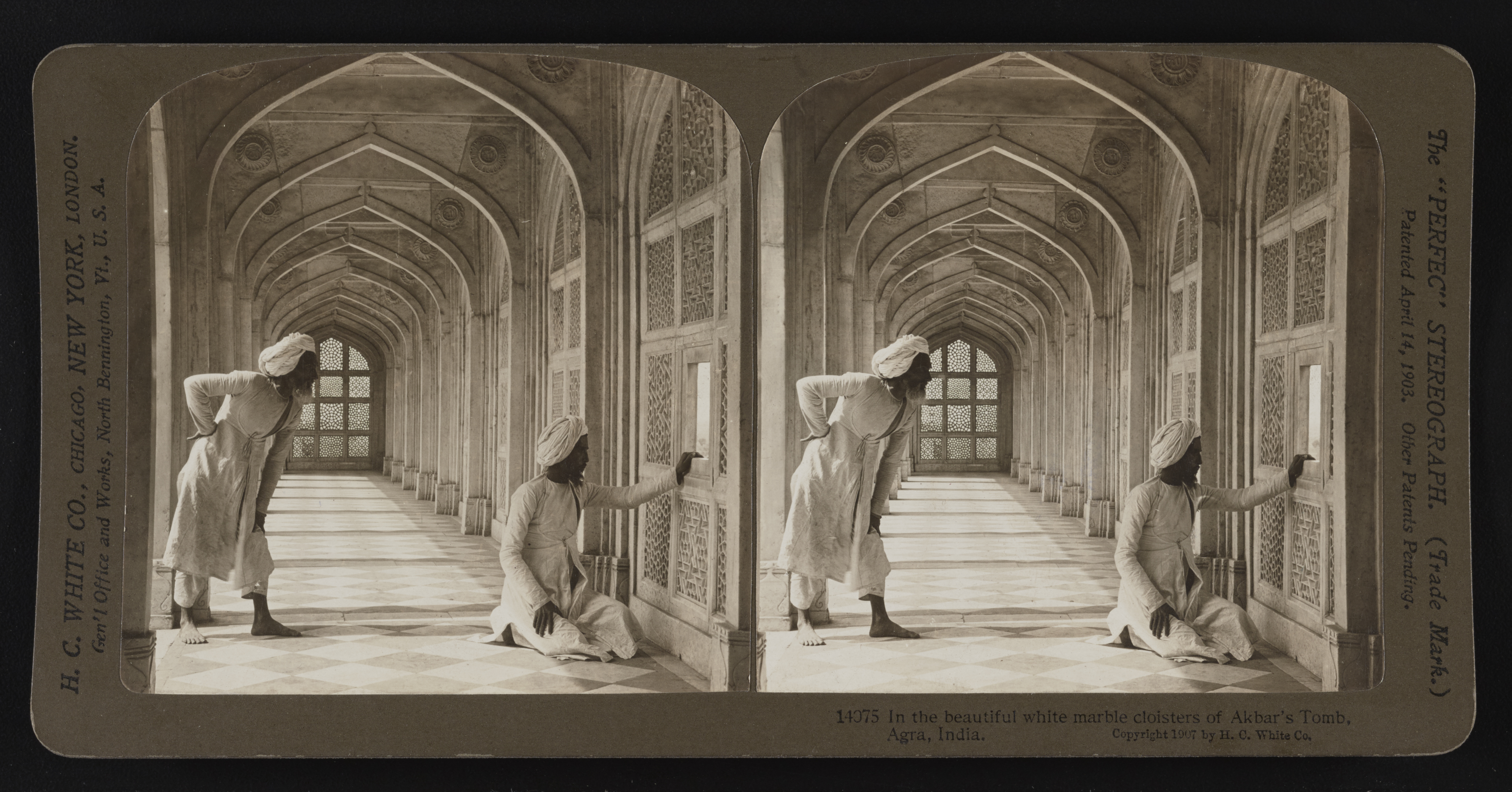 In the beautiful white marble cloisters of Akbar's tomb, Agra, India