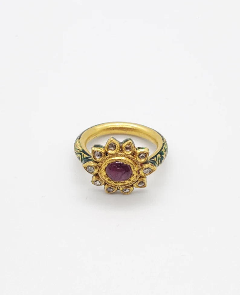 Solid Gold Mughal Rosecut Diamond Polki Ring