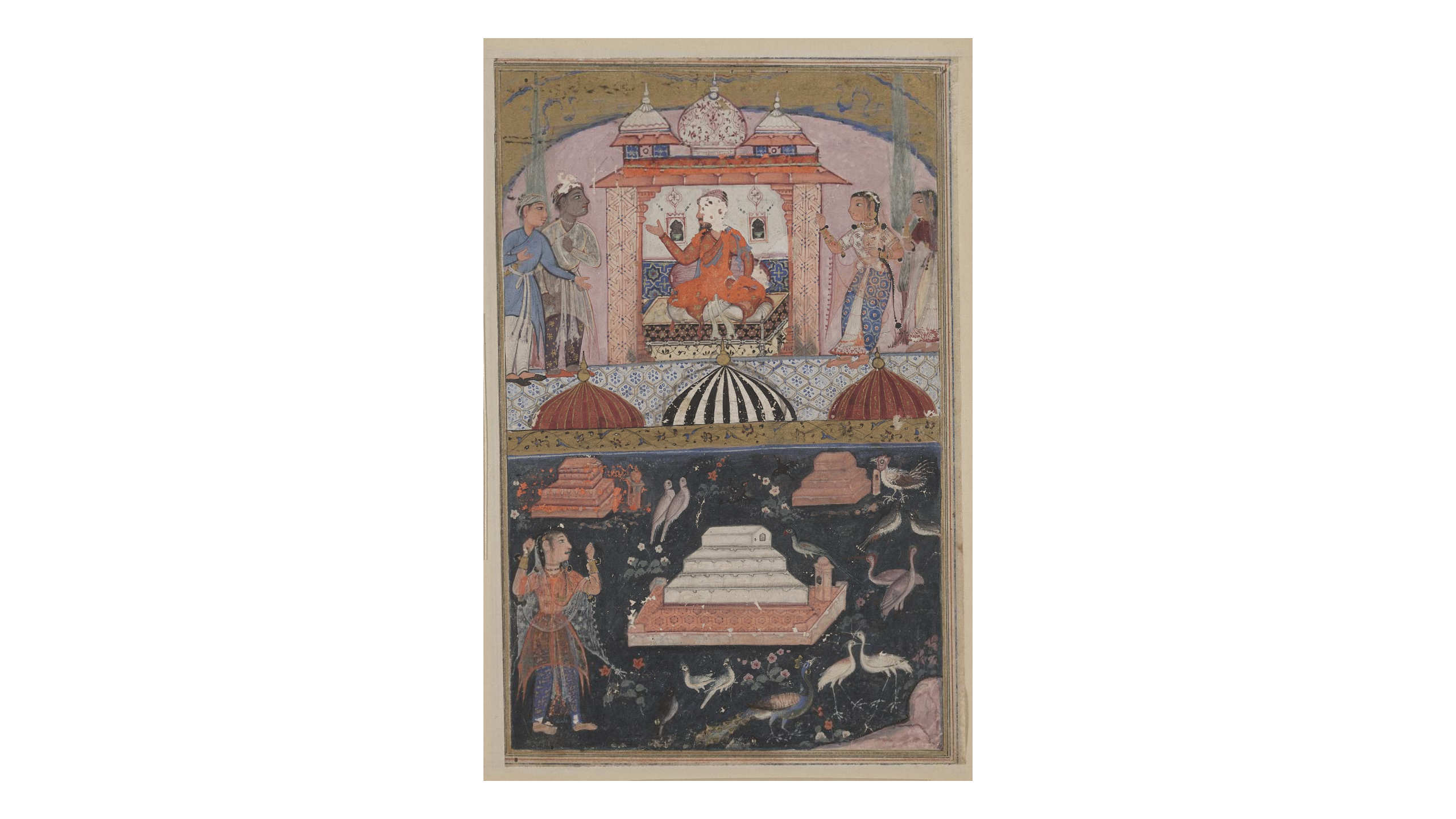 The merchant hears of his wife’s unfaithfulness (above); the unfaithful wife performs penance by plucking her hair (below), from a Tuti-nama (Tales of a Parrot): First Night