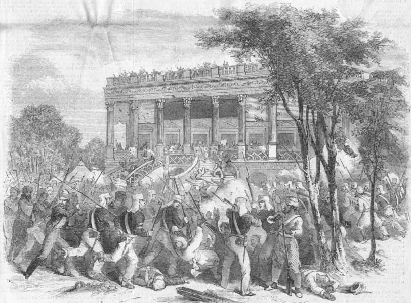 INDIA. CAPTURE OF DELHI. ATTACK ON BANK, ANTIQUE PRINT, 1857