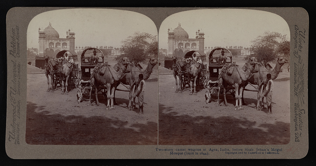 Two-story camel wagons at Agra, India, before Shah Jehan's Mogul Masjid (built in 1644)