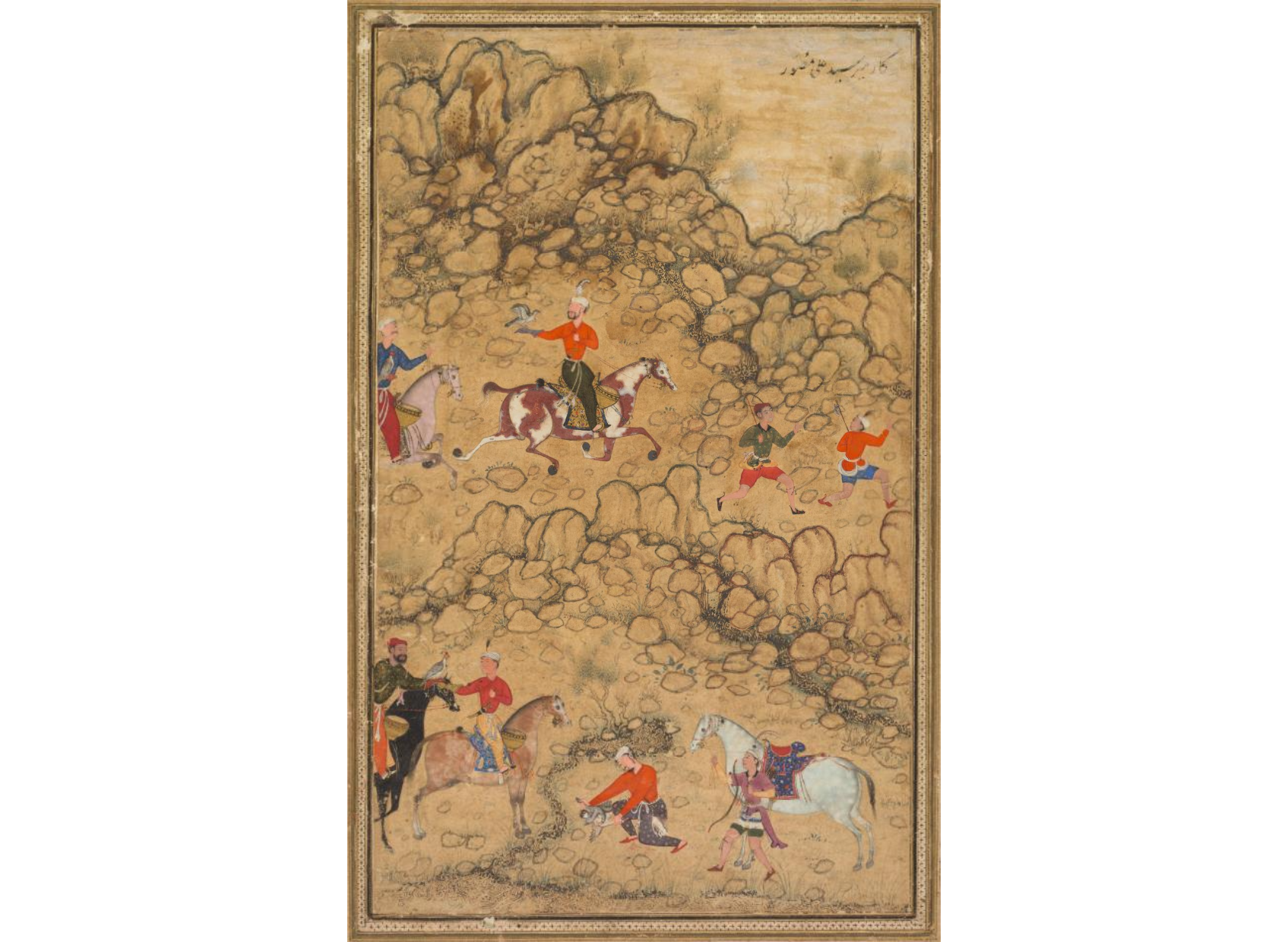 Hunting with falcons in a landscape; Verso: Calligraphy of Chaghatai Turkish poems in praise of wine, Sultan Muhammad Nur (Persian, c. 1472–1536) and Mirza Muhammad (probably Persian, active c. 1520s)