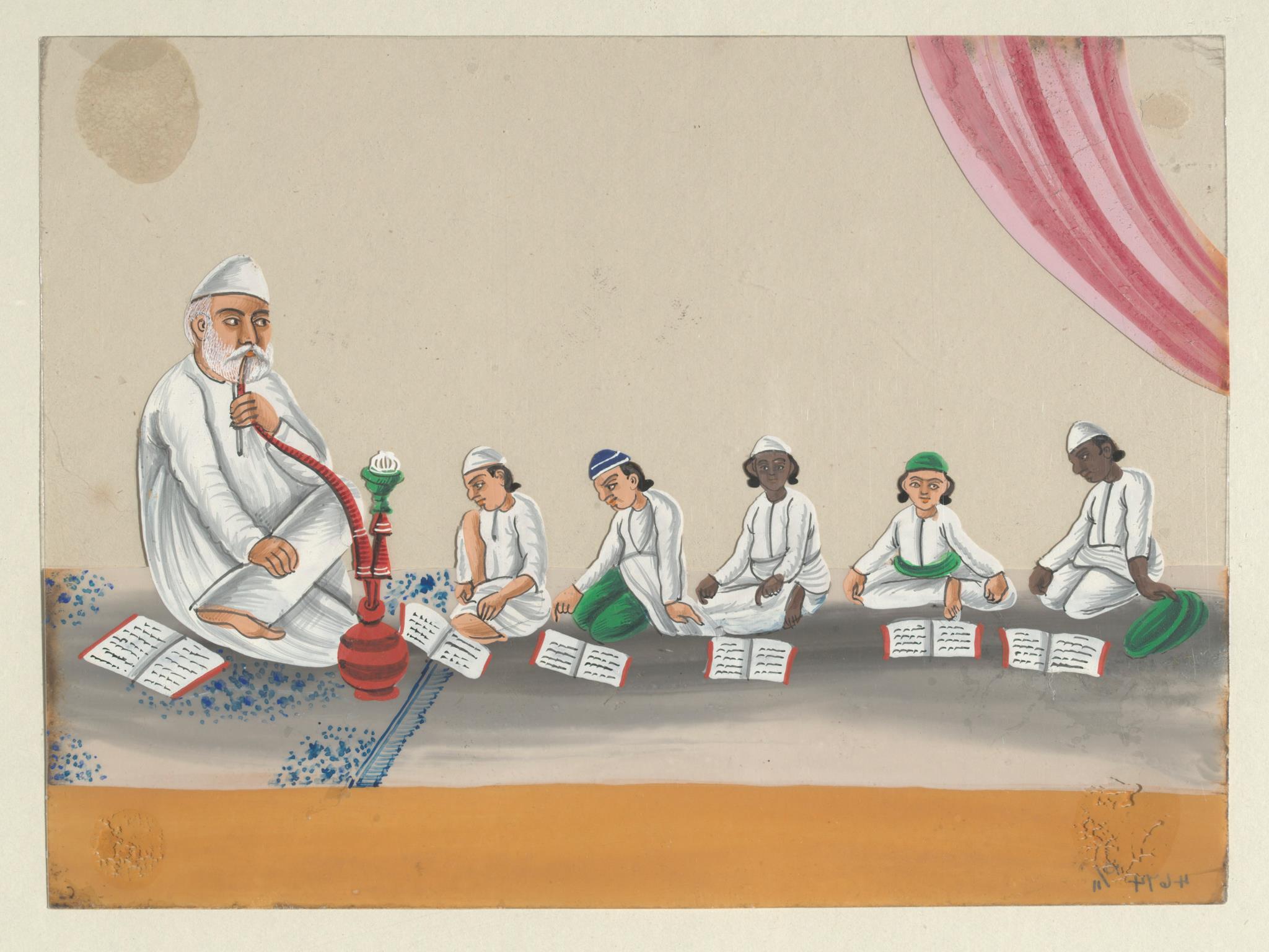 A Muslim school; the teacher smoking a huqqa, Benares