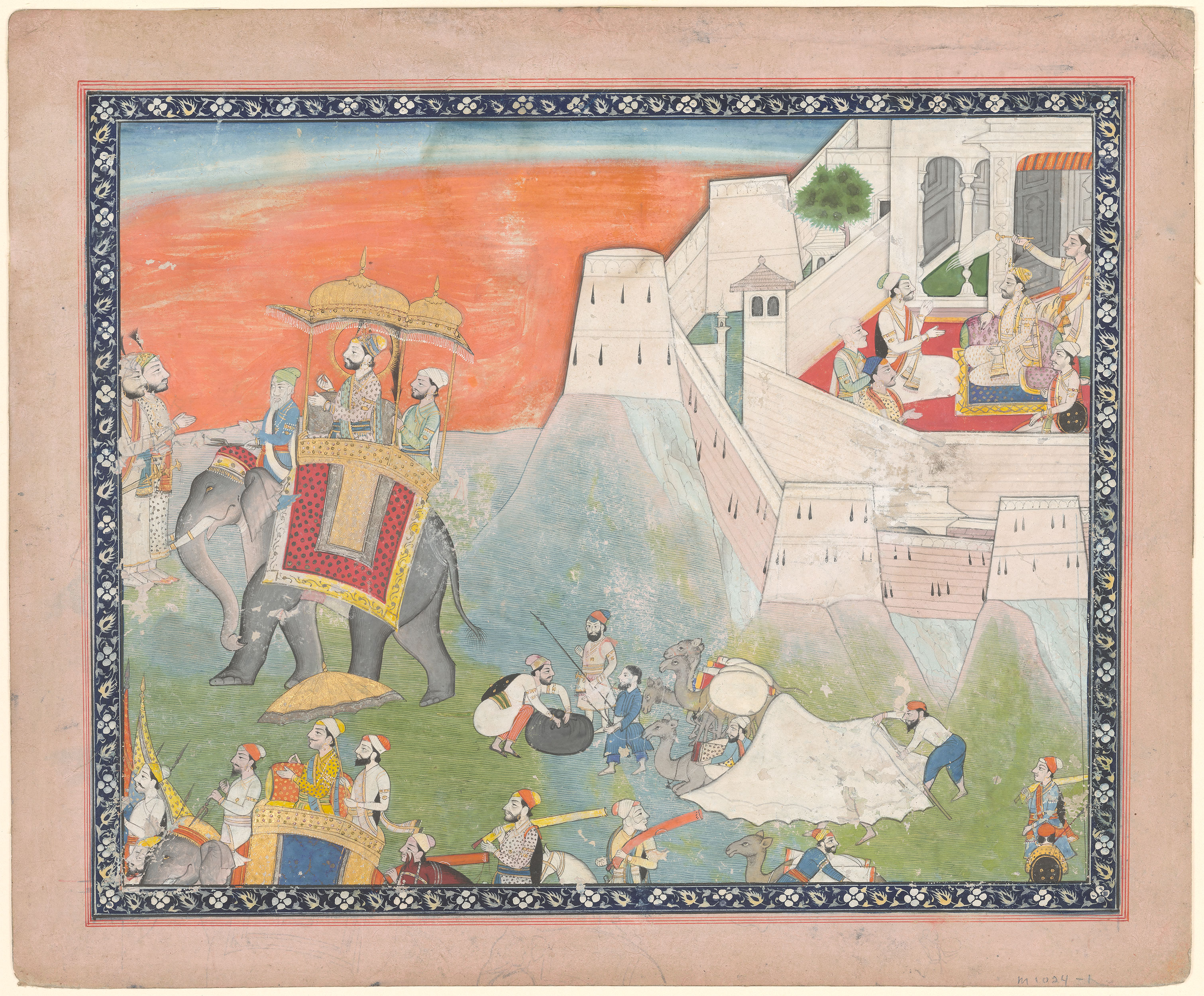 A raja conversing in a fortress and riding away on an elephant, from a Hamir Hath series