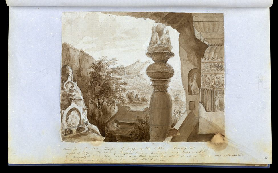 View of Rauza from cave temple of Jagannath Sabha, Cave 33, Ellora - 1849