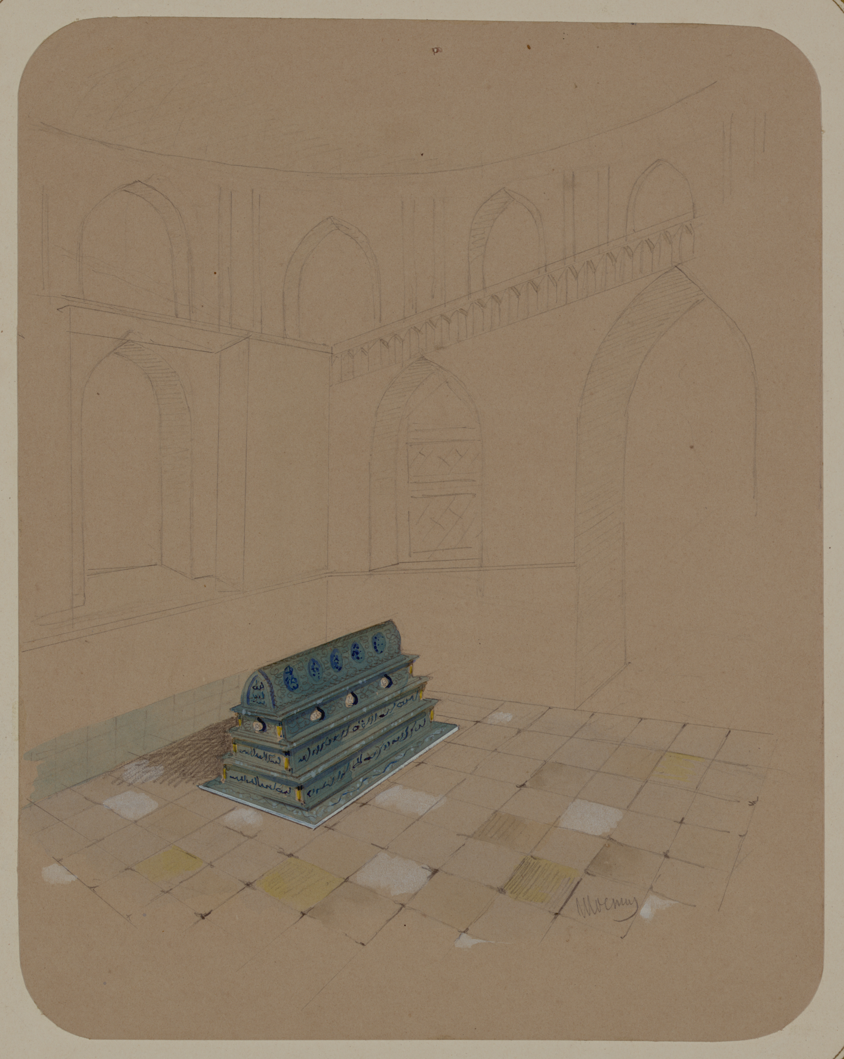 Samarkandskiia drevnosti. Grobnitsa sviatago Kussama ibni Abassa (Shakh-Zinde) i mavzolei pri nei. Mogila, v kotoroi stoit grobnitsa sviatago. Mogila sviatago Kussama Ibni Abassa (Shakh-Zinde) umershago v 57 g. Gidzhery digital file from original drawing