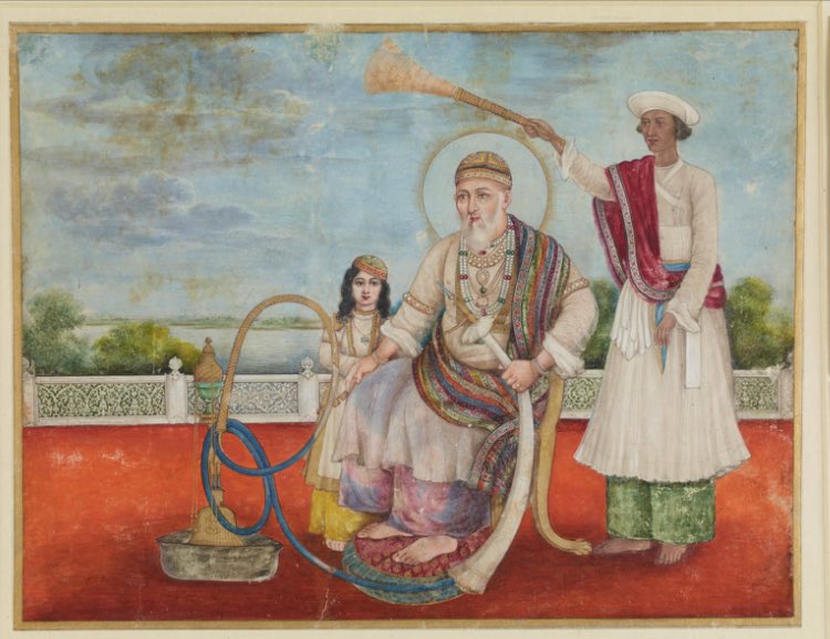Gouache painting on paper of BAHADUR SHAH II seated on a chair with lion claw feet