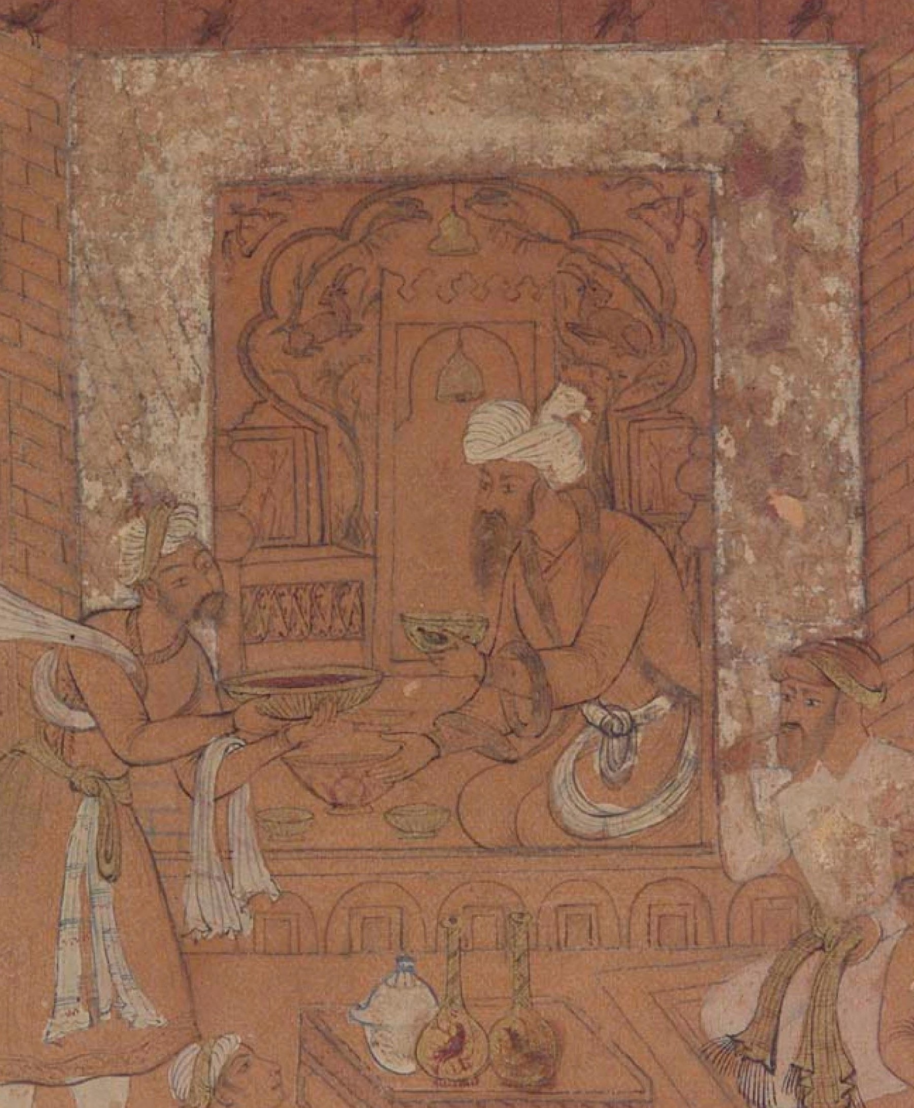 Drawing of a court scene, with nobleman and attendants