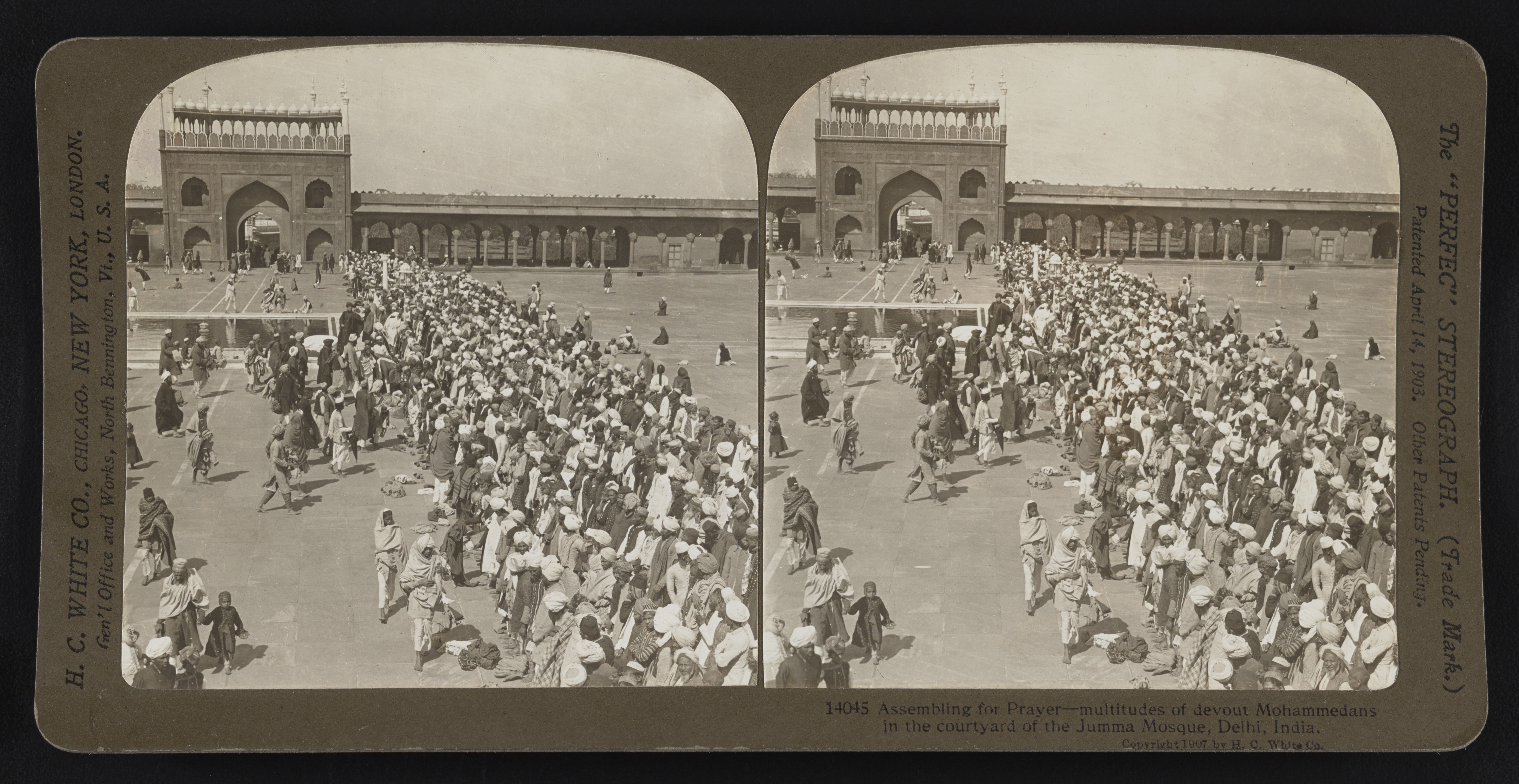 Assembling for prayer-multitudes of devout Mohammedans in the courtyard of the Jumma Masjid, Delhi, India