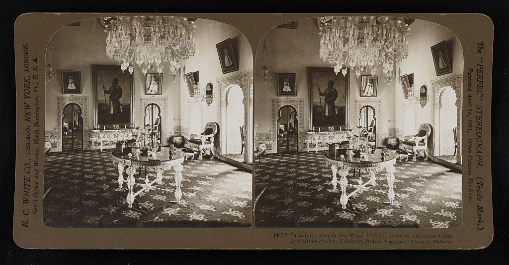Drawing-room in the Royal Palace, showing cut glass table and silver chairs, Udaipur, India