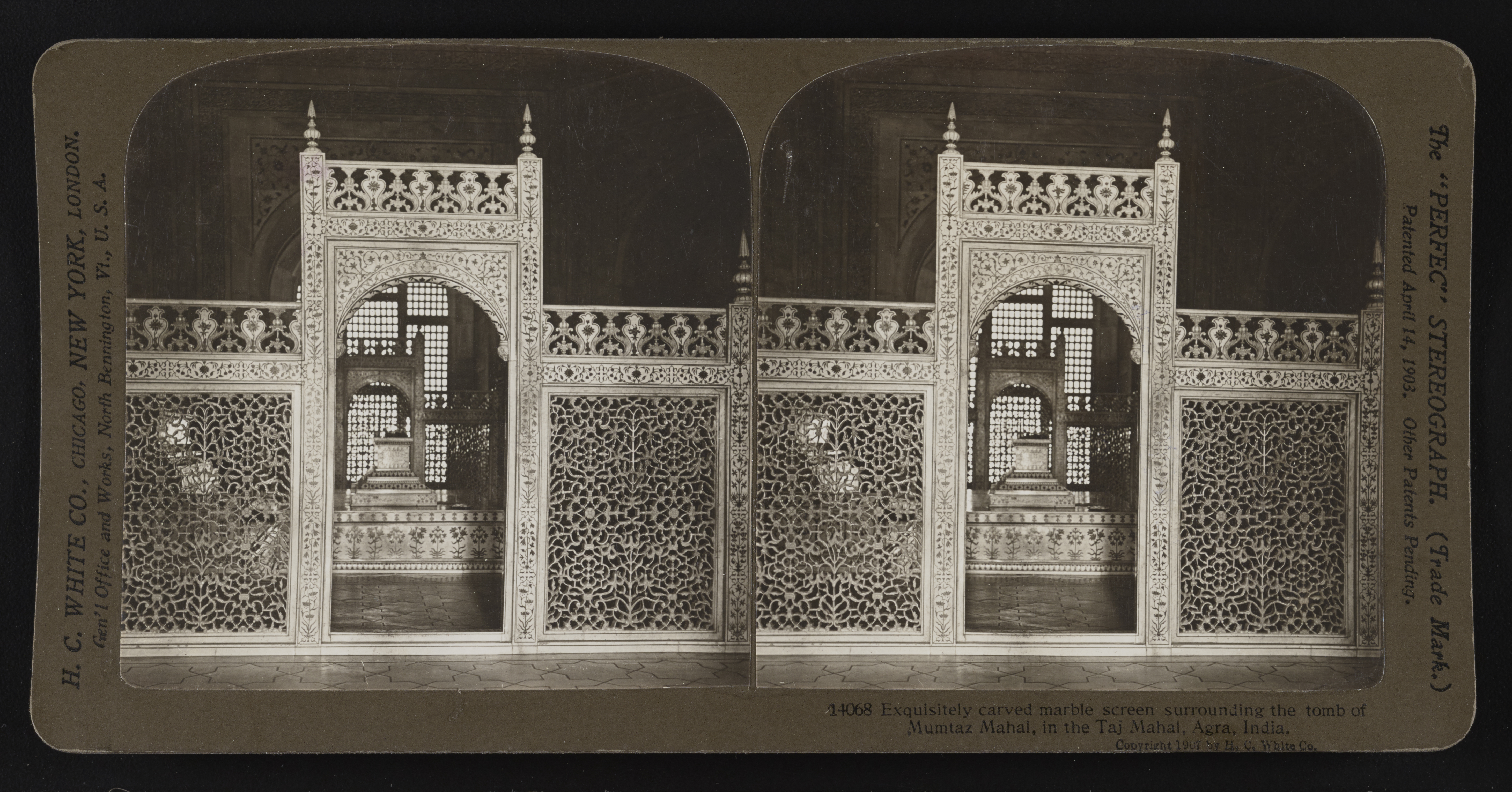 Exquisitely carved marble screen surrounding the tomb of Mumtaz Mahal, in the Taj Mahal, Agra, India