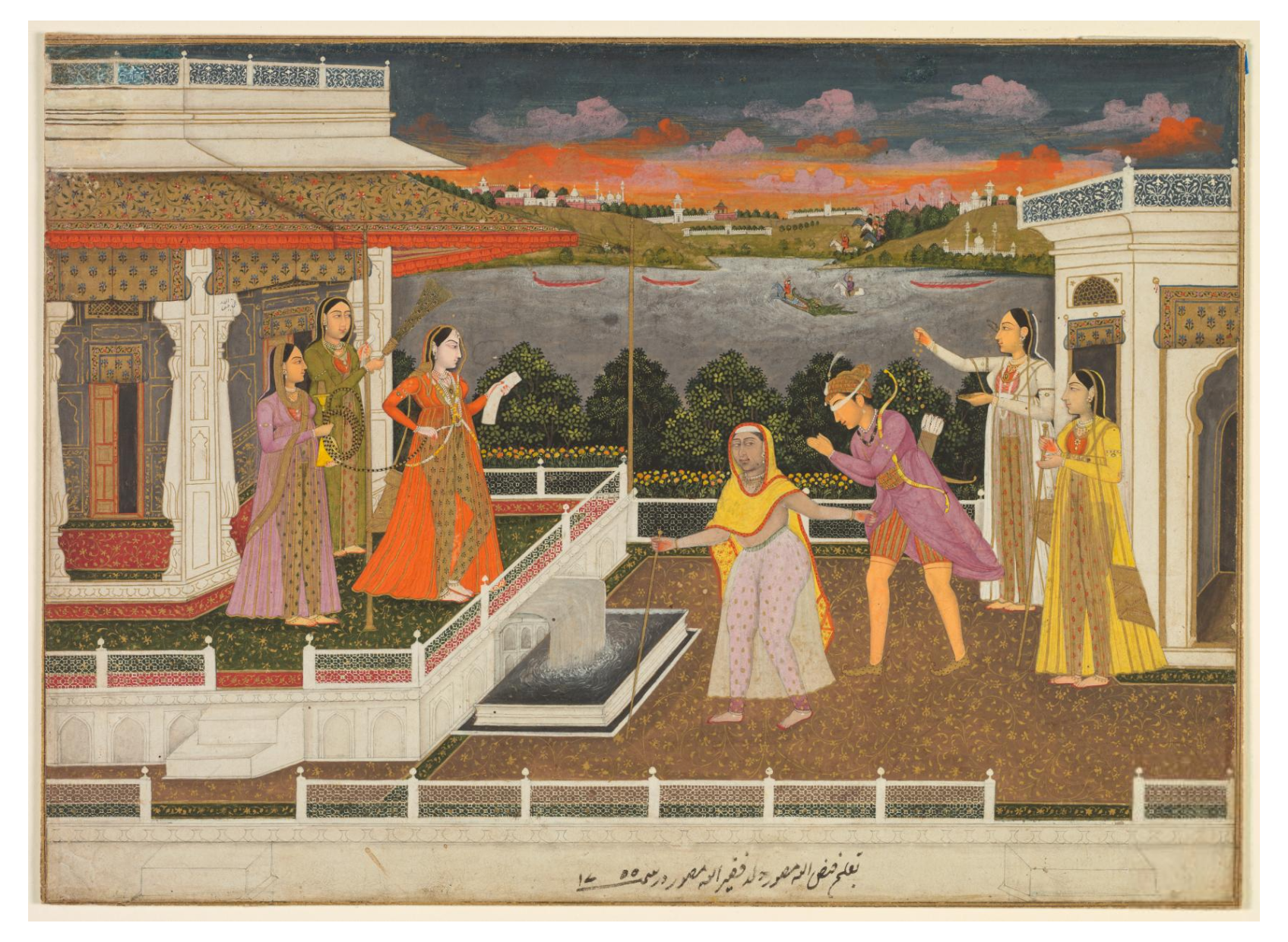 A blindfolded suitor is brought before a princess; verso: scrolling floral vines