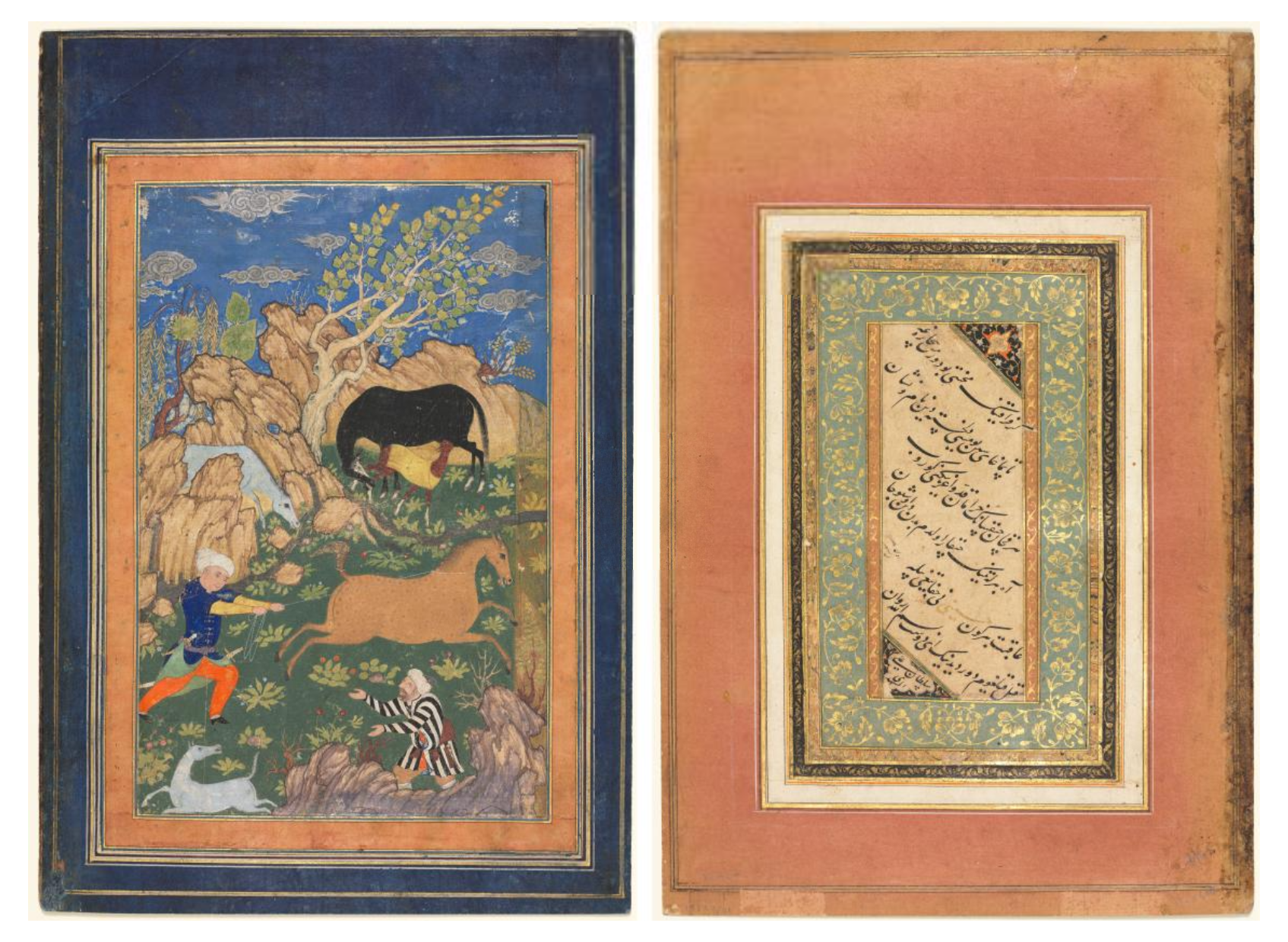 Rustam Lassoing his Horse, Rakhsh, in a Landscape (recto); Calligraphy, Persian Verses (verso)
