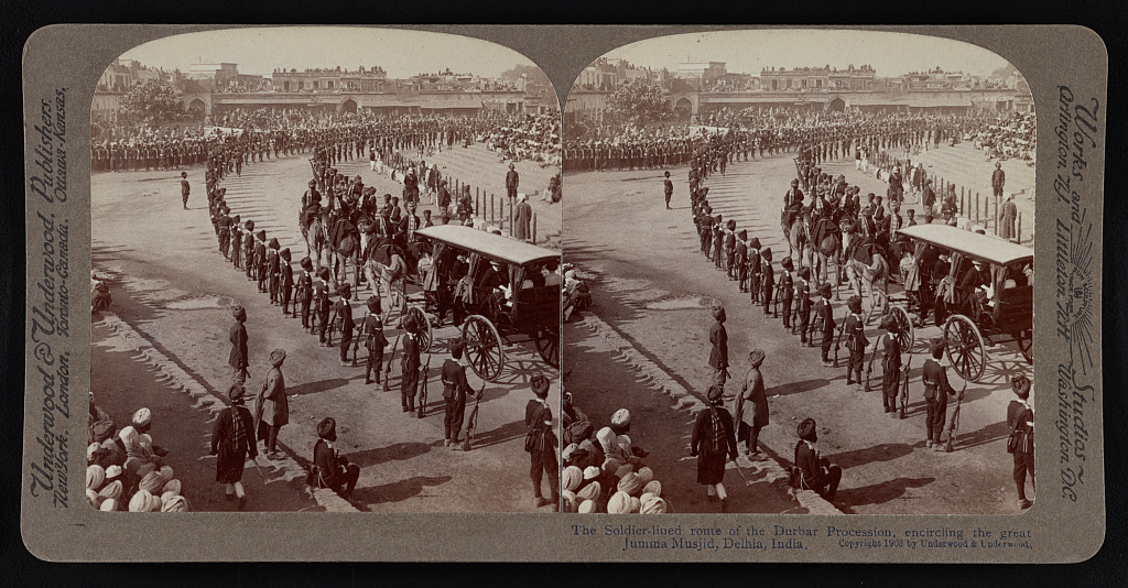 The soldier-lined routine of the Drubar procession, encircling the great Jumma Masjid, Delhi, India