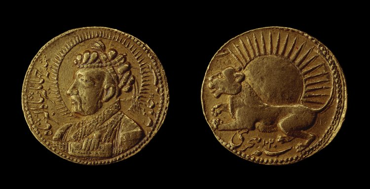 Gold coin. (obverse) Portrait of Jahangir. (reverse) Lion surmounted by sun