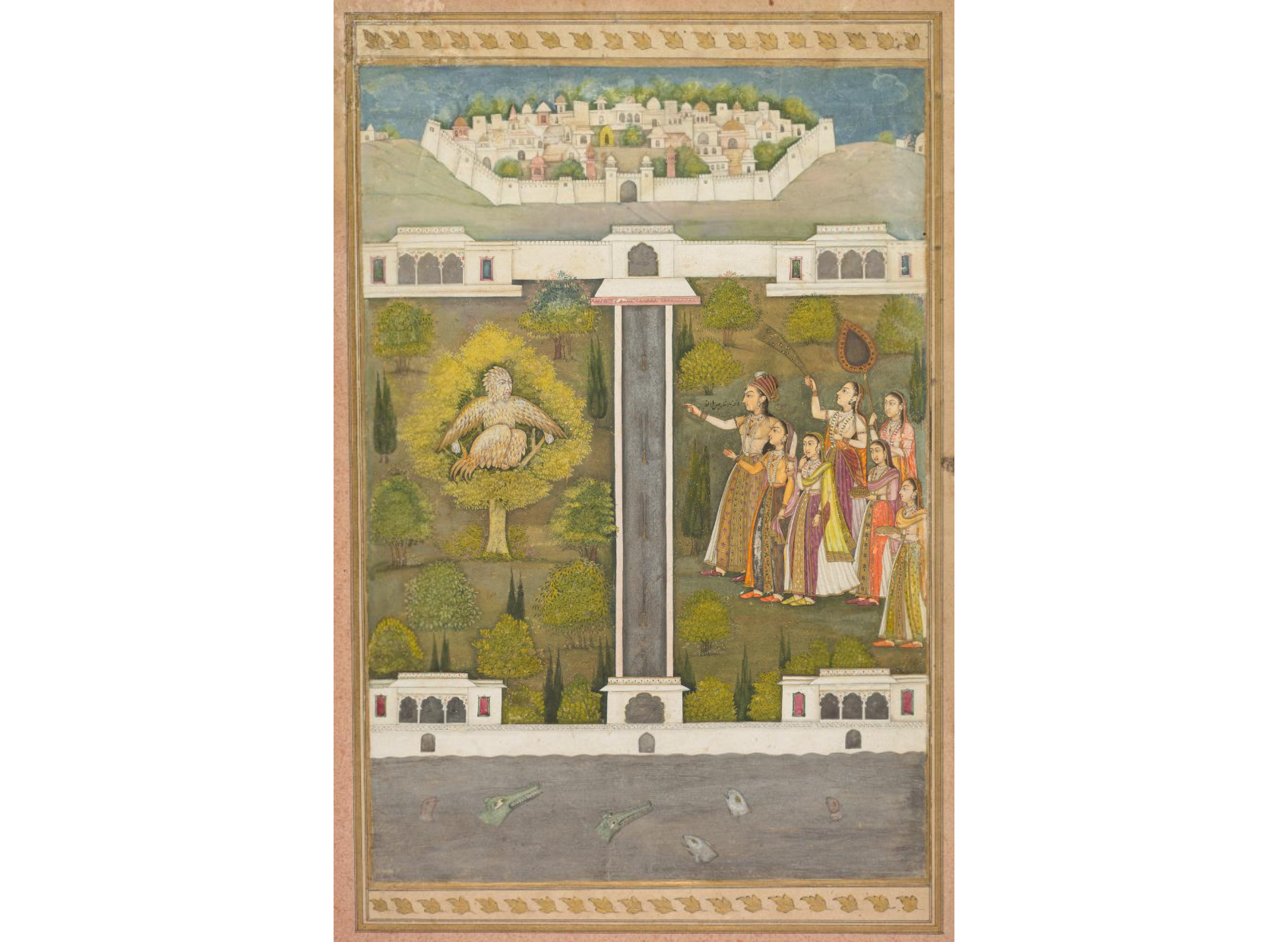 Mahliqa, Daughter of the Emperor of China, Pointing at the Bird-Man Khwaja Mubarak: A Leaf from a Poetical Romance Relating to Shah Alam I (verso); Stenciled Scenes of Lion and Gazelle (verso)