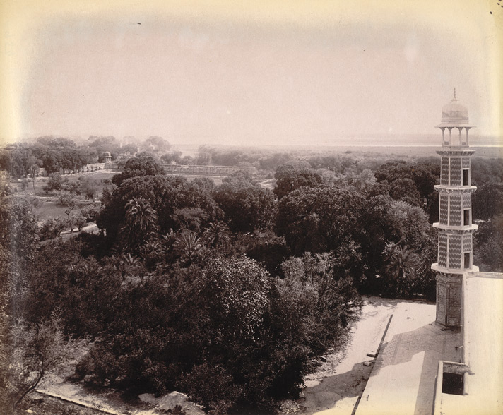 View of the garden from the platform of Jahangir's Tomb, with corner minaret in right foreground, Shahdara, Lahore.