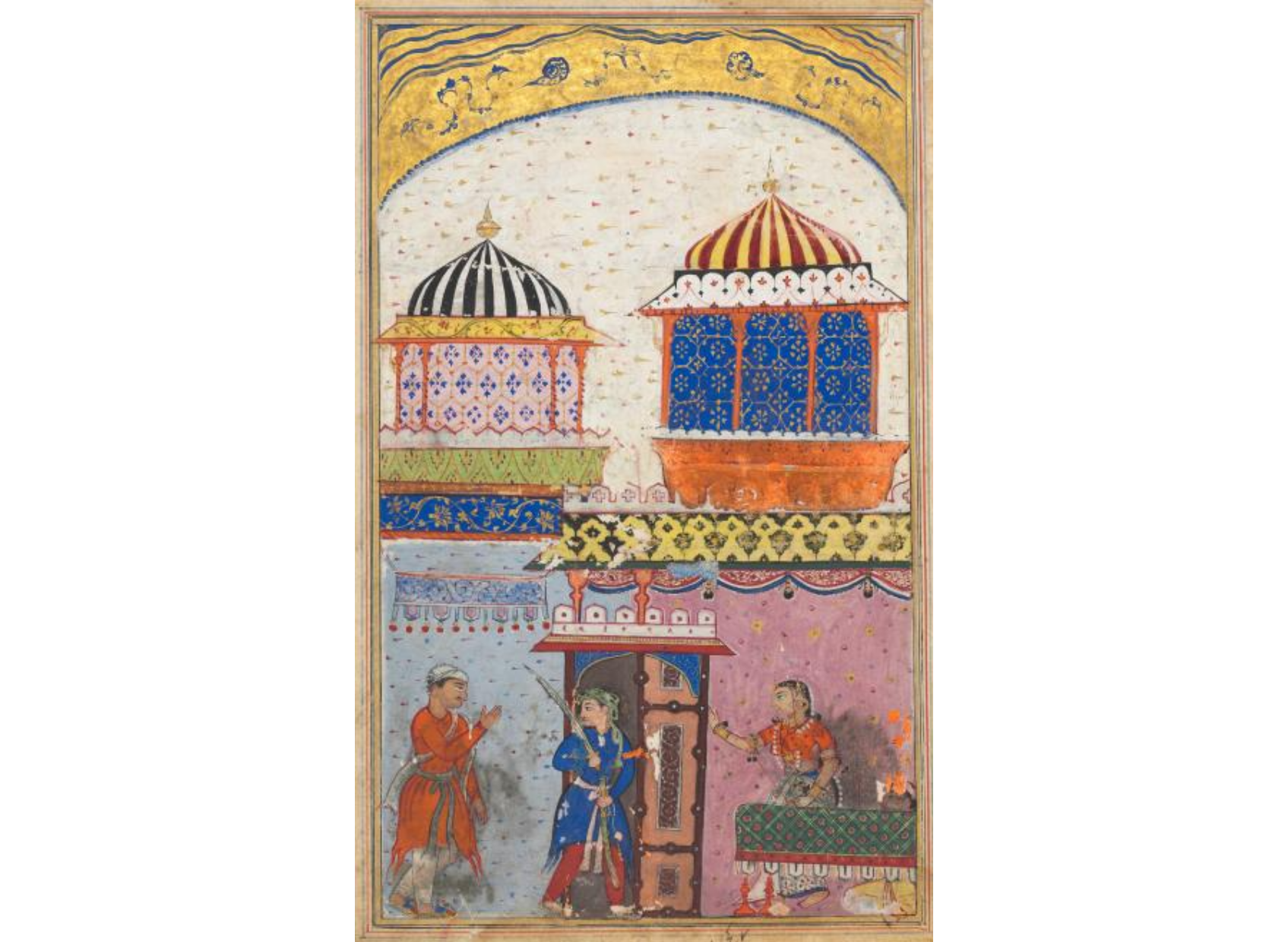 A woman asks her lover to leave her house, brandishing his sword and feigning rage in order to deceive her husband who has just arrived, from a Tuti-nama (Tales of a Parrot): Eighth Night