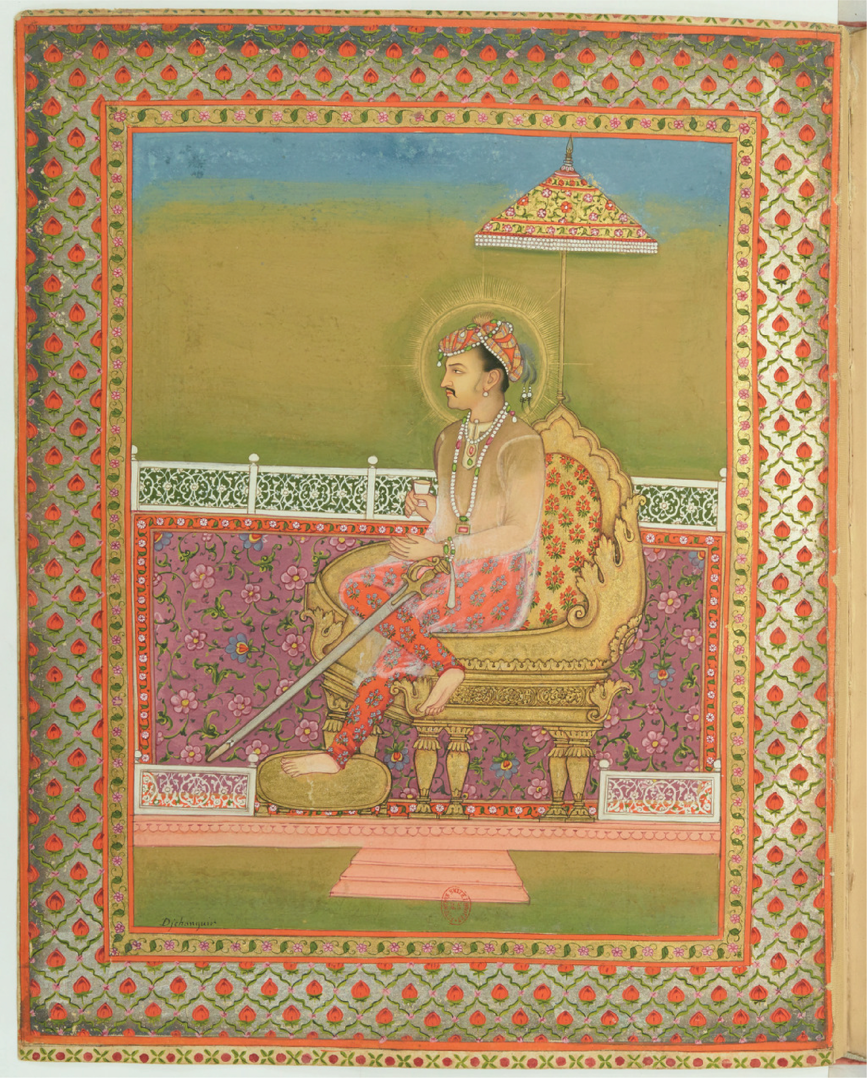 Collection of portraits of Mughal Emperors made by Colonel Gentil (H.M. Al-Sultan al-‘Azam wal Khaqan al-Mukarram, Khushru-i-Giti Panah, Abu’l-Fath Nur ud-din Muhammad Jahangir Padshah [Jannat-Maksani], Emperor of Hindustan) this work was done