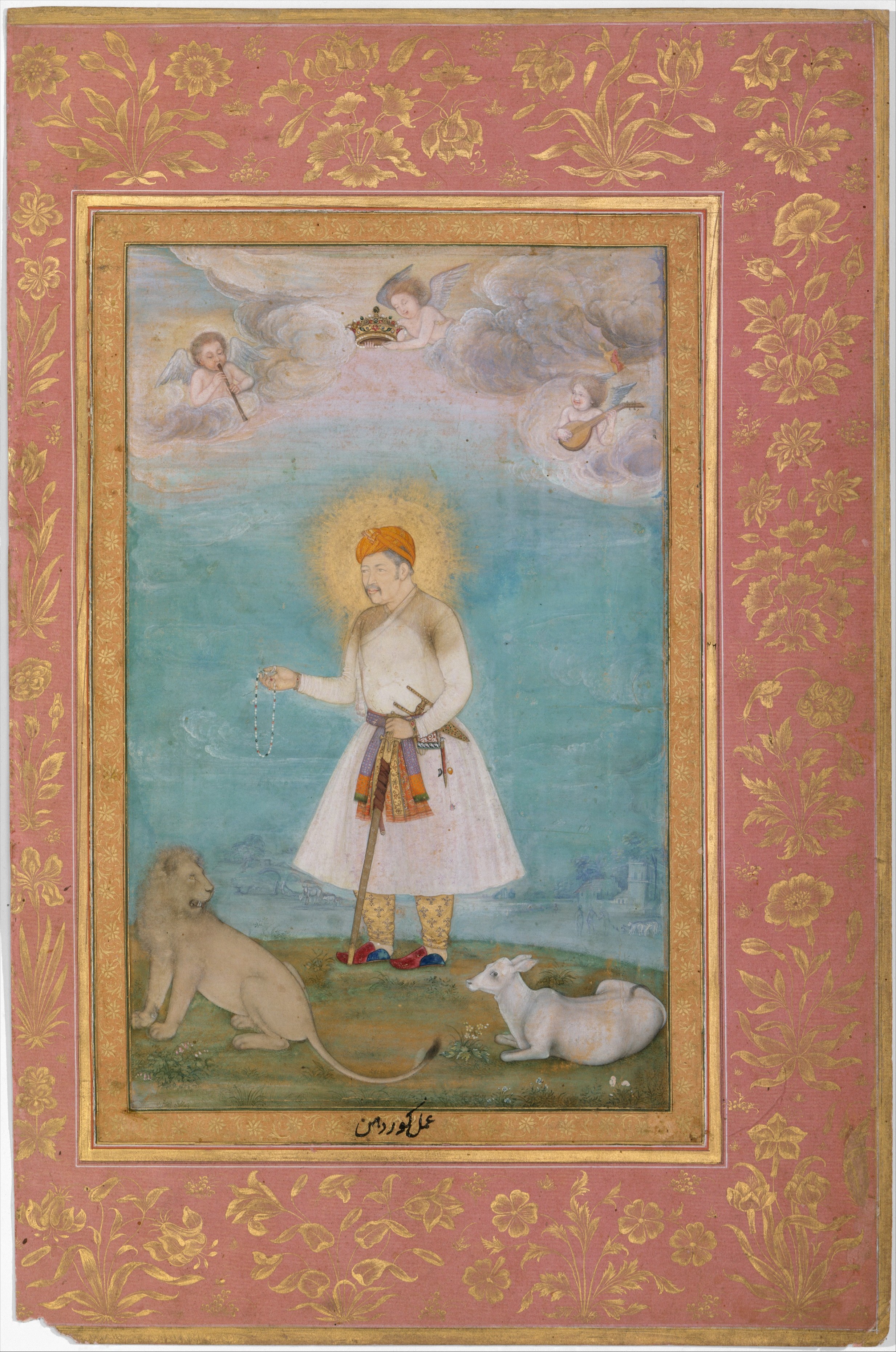 Akbar With Lion and Calf", Folio from the Shah Jahan Album