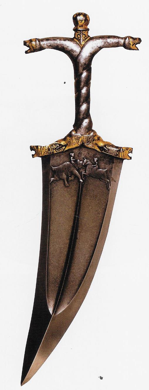 Dagger c.1590, watered steel with gold overlaid decoration 31 cm.