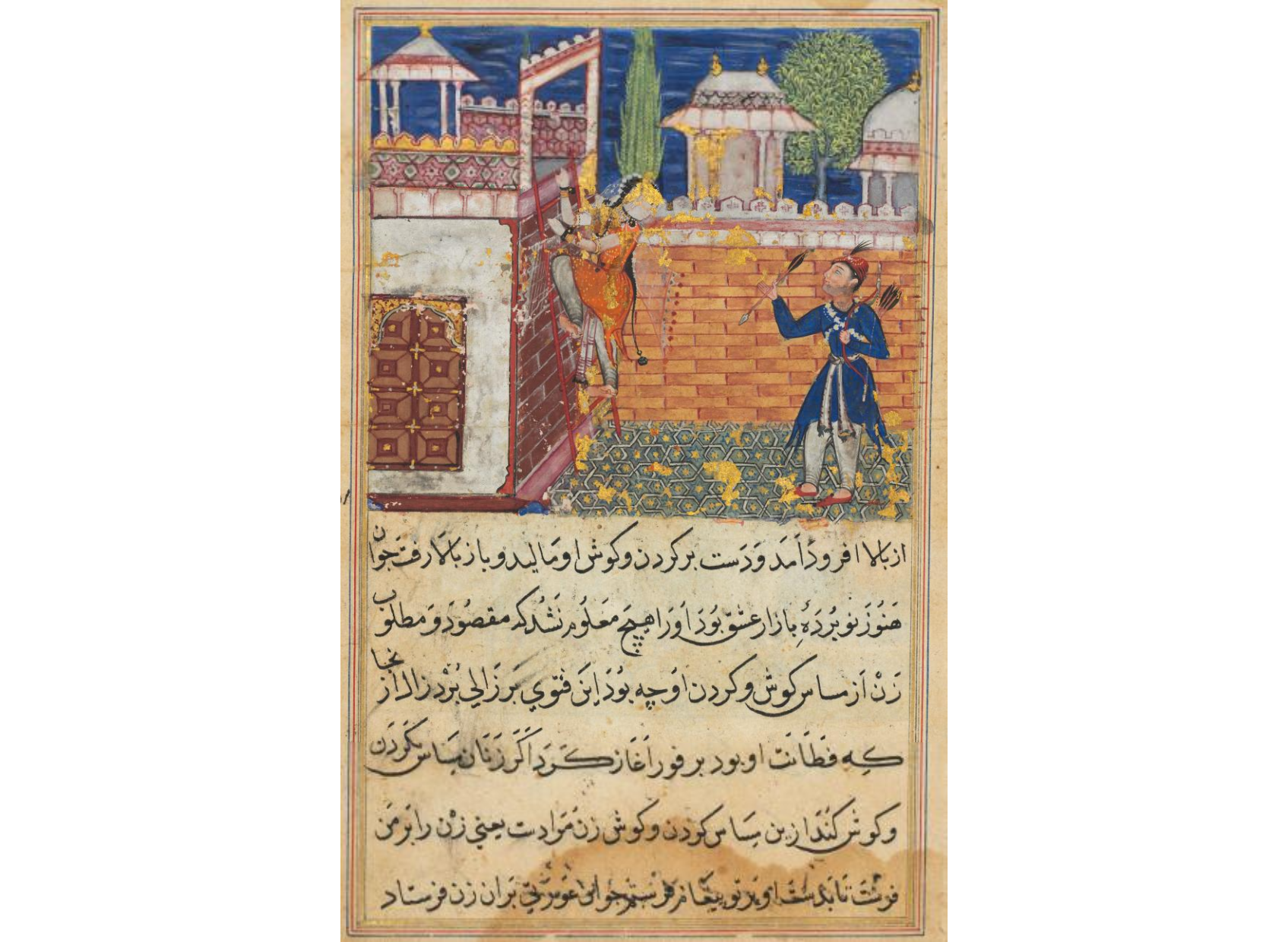 The deceitful wife returns to her terrace after caressing her lover, from a Tuti-nama (Tales of a Parrot): Eighth Night