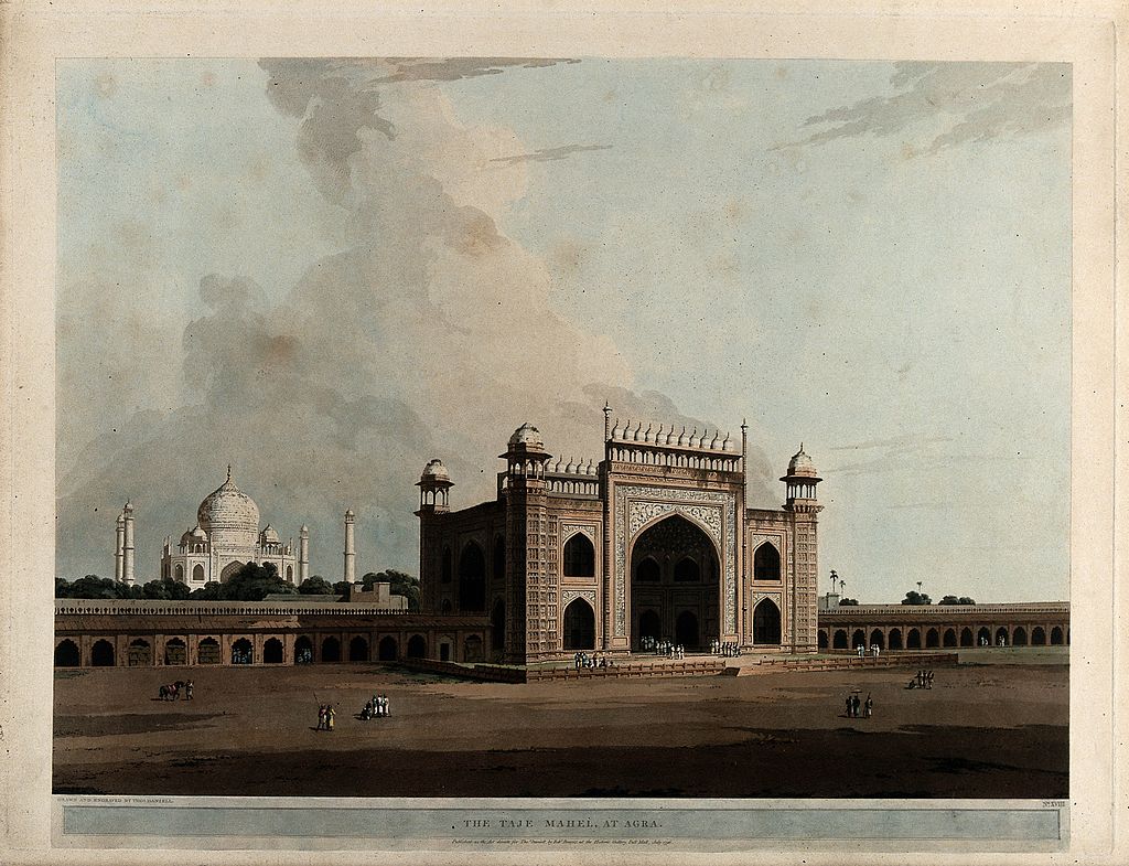 Gateway to the Taj Mahal, Agra, Uttar Pradesh. Colored aquatint by Thomas Daniell, 1796