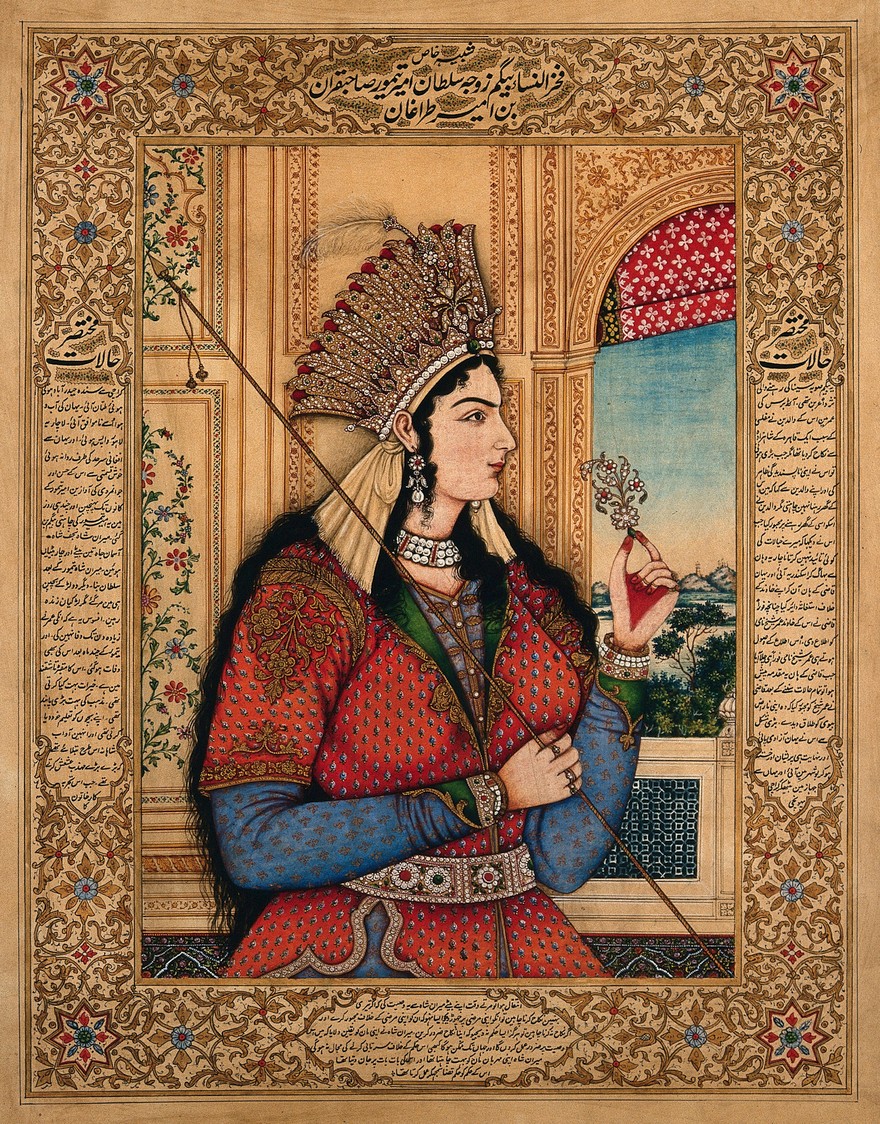A Mughal empress or member of a royal family holding a spear and turban ornament