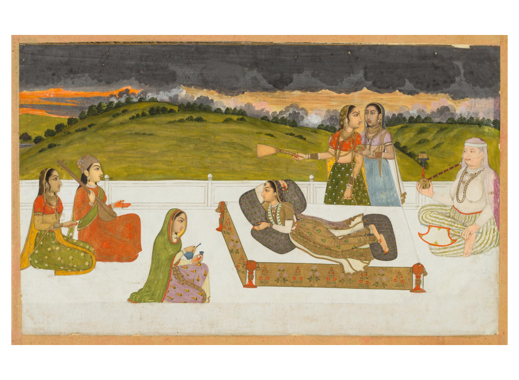 A princess reclining on a terrace with attendants