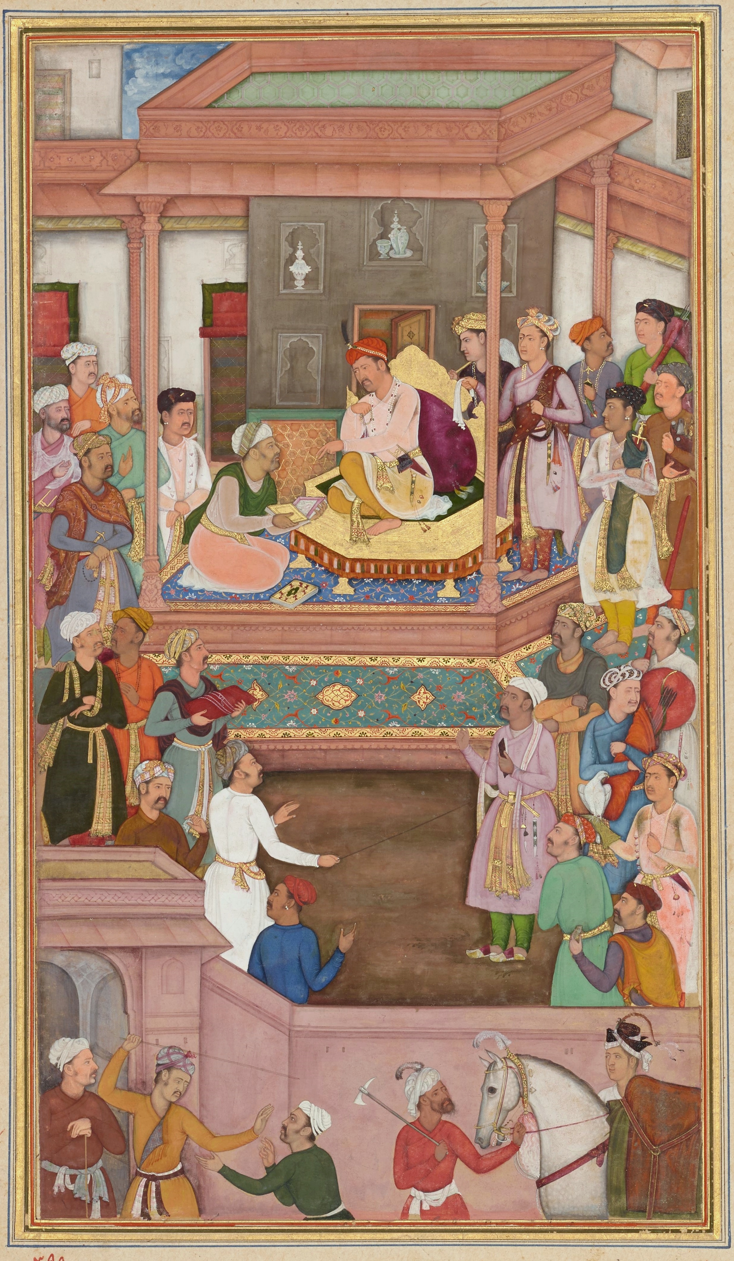 Abu'l-Fazl, one of the disciples of Din-i-Ilahi, presenting Akbarnama to Akbar