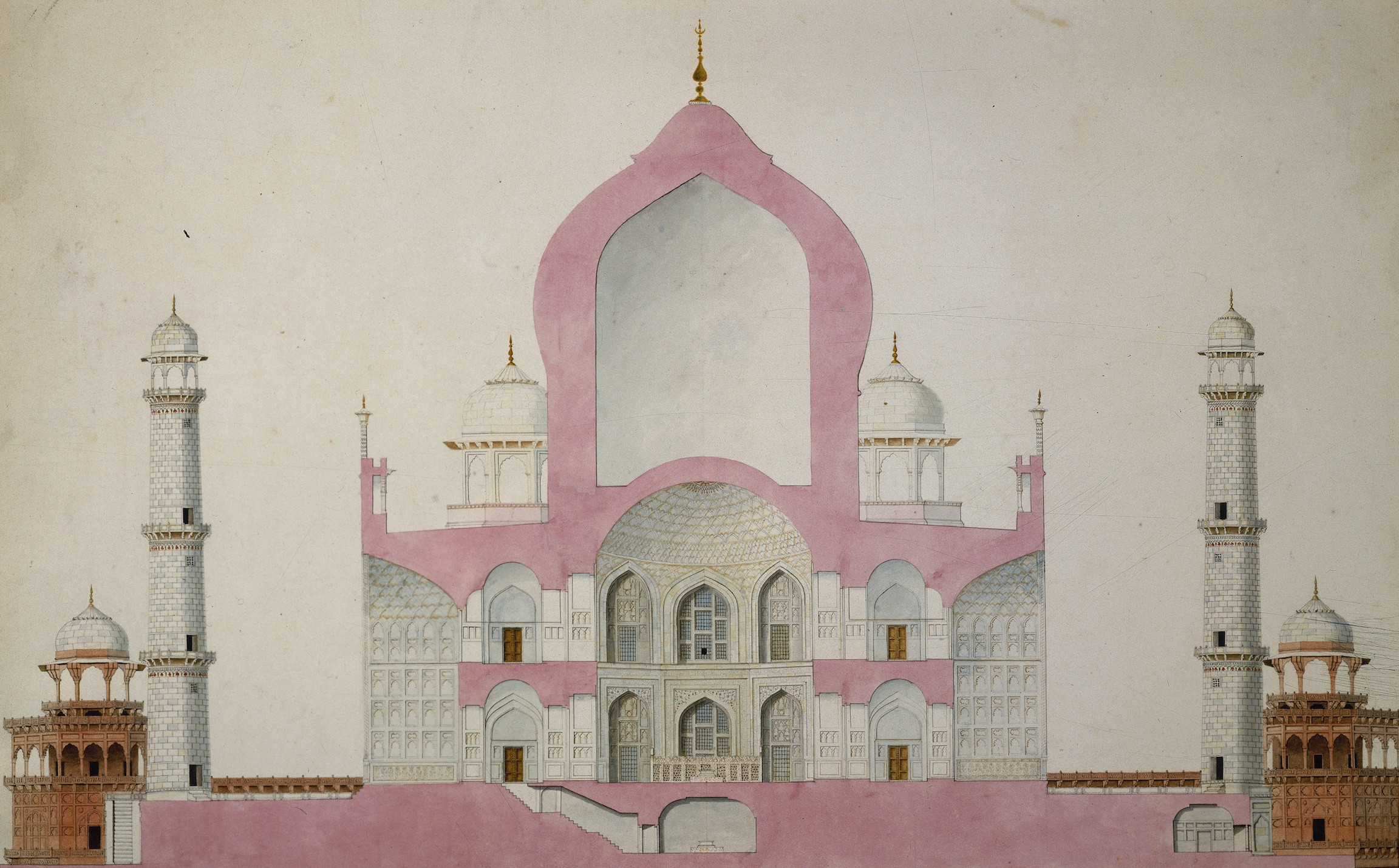 Relief panel of white marble with inlaid border of pietra-dura work on the inside of the entrance to the Taj Mahal, Agra