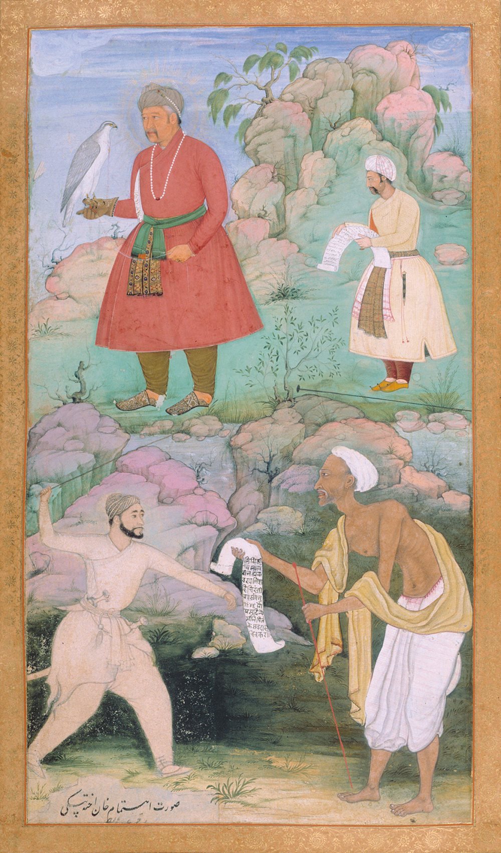 Akbar with falcon receiving Itimam Khan