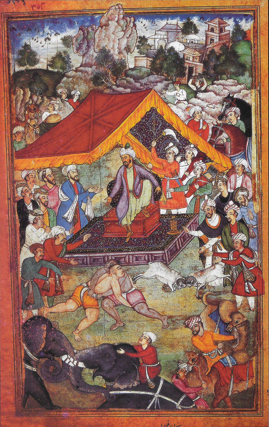 Babur watching elephant, ram and camel fights and wrestlers