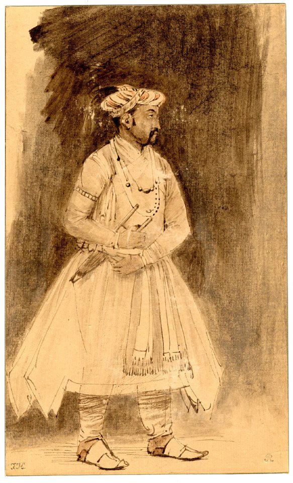 A Mughal Nobleman standing; after a Mughal miniature, whole-length, almost in profile to right, his right hand on the handle of a dagger in his belt. c.1656-1661